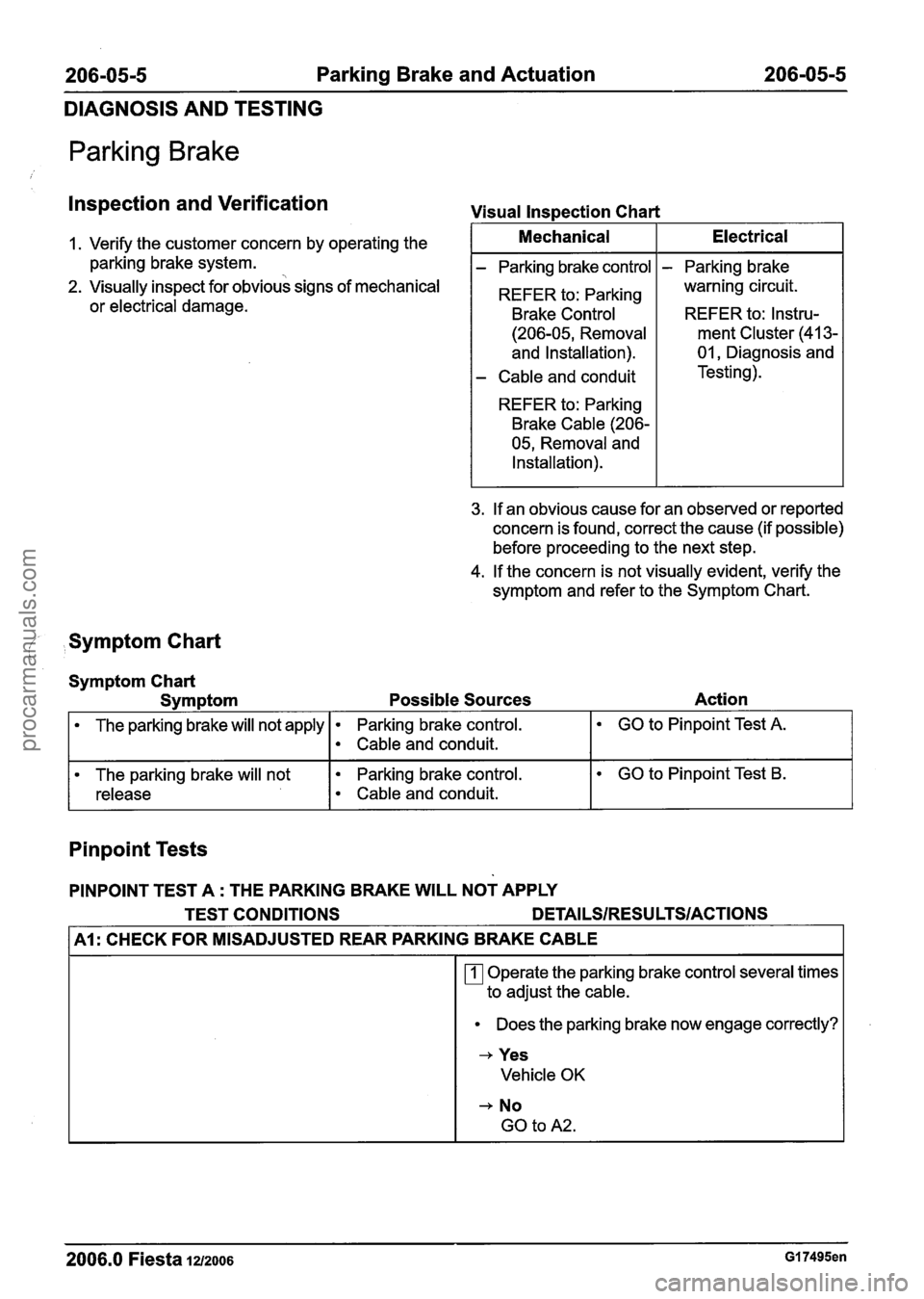 FORD FIESTA 2007 Workshop Manual
206-05-5 Parking Brake and Actuation 206-05-5
DIAGNOSIS AND TESTING
Parking Brake
lnspection and Verification
1. Verify the customer concern by operating the
parking brake system.
2. Visual FORD FIESTA 2007 Workshop Manual
206-05-5 Parking Brake and Actuation 206-05-5
DIAGNOSIS AND TESTING
Parking Brake
lnspection and Verification
1. Verify the customer concern by operating the
parking brake system.
2. Visual
