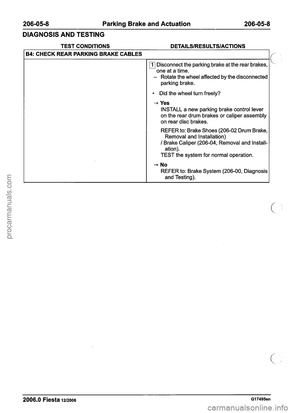 FORD FIESTA 2007 Workshop Manual
206-05-8 Parking Brake and Actuation 206-05-8
DIAGNOSIS AND TESTING
TEST CONDITIONS
B4: CHECK REAR PARKING BRAKE CABLES
Disconnect the parking brake at the rear brakes,
one at a time.
- R FORD FIESTA 2007 Workshop Manual
206-05-8 Parking Brake and Actuation 206-05-8
DIAGNOSIS AND TESTING
TEST CONDITIONS
B4: CHECK REAR PARKING BRAKE CABLES
Disconnect the parking brake at the rear brakes,
one at a time.
- R