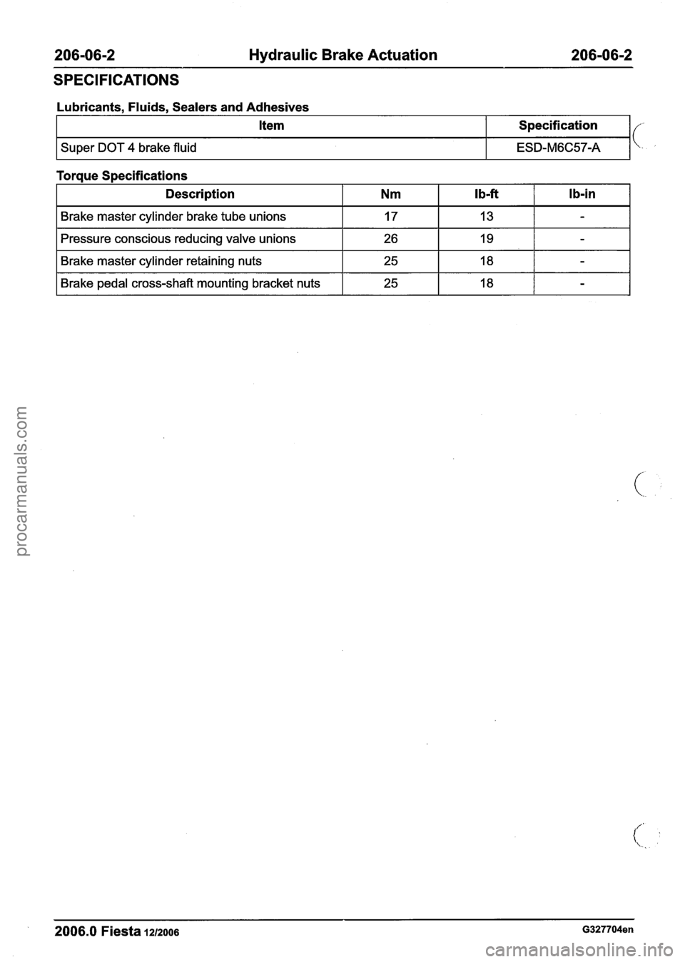 FORD FIESTA 2007 User Guide
206-06-2 Hydraulic Brake Actuation 206-06-2
SPECIFICATIONS
Lubricants. Fluids. Sealers and Adhesives
Torque Specifications
Item
Super DOT 4 brake fluid
I Description I Nm I Ib-ft I Ib-in I
S FORD FIESTA 2007 User Guide
206-06-2 Hydraulic Brake Actuation 206-06-2
SPECIFICATIONS
Lubricants. Fluids. Sealers and Adhesives
Torque Specifications
Item
Super DOT 4 brake fluid
I Description I Nm I Ib-ft I Ib-in I
S