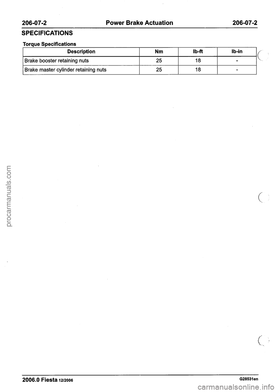 FORD FIESTA 2007 Workshop Manual
206-07-2 Power Brake Actuation 206-07-2
SPECIFICATIONS
Torque Specifications
I Brake master cylinder retaining nuts I 25 I 18 I - I
Description
Brake booster retaining nuts
2006.0 Fiesta 121200 FORD FIESTA 2007 Workshop Manual
206-07-2 Power Brake Actuation 206-07-2
SPECIFICATIONS
Torque Specifications
I Brake master cylinder retaining nuts I 25 I 18 I - I
Description
Brake booster retaining nuts
2006.0 Fiesta 121200