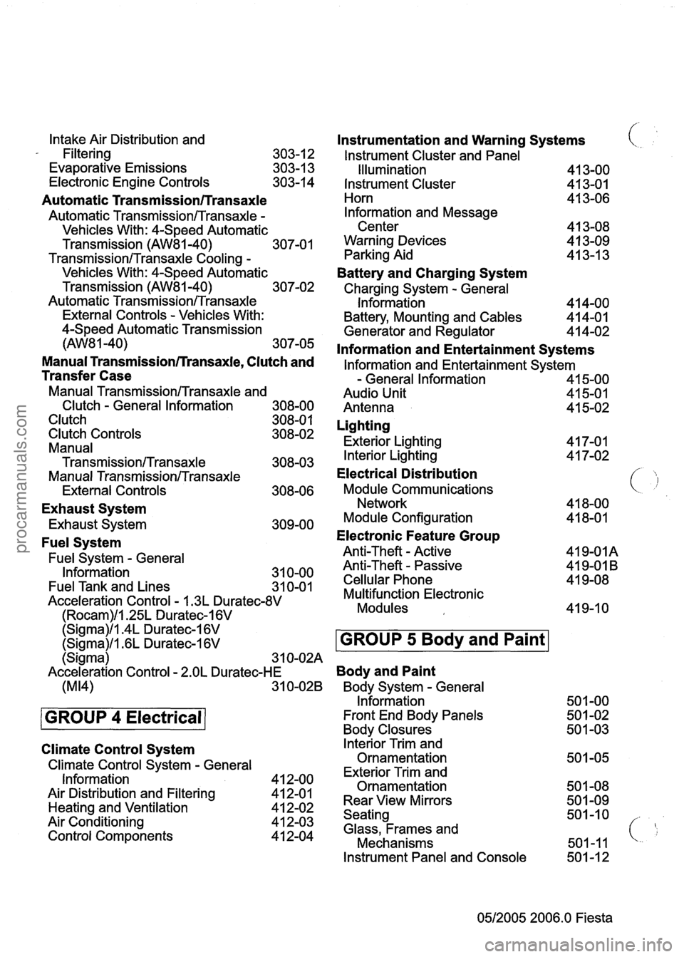 FORD FIESTA 2007  Workshop Manual 
Intake Air Distribution and 
- Filtering 
303-1 2 
Evaporative Emissions  303-1 3 
Electronic Engine  Controls  303-14 
Automatic Transmission/Transaxle 
Automatic TransmissionlTransaxle - 
Vehicles 