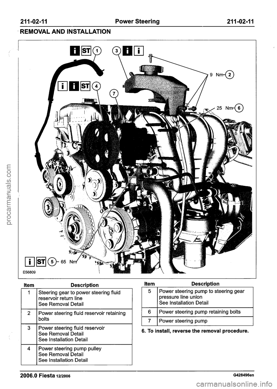 FORD FIESTA 2007 Workshop Manual
211 -02-11 Power Steering 21 1-02-1 I
REMOVAL AND INSTALLATION
ltem
Power steering fluid reservoir
See Removal Detail
Description Item Description
I I See Installation Detail I
Steering g FORD FIESTA 2007 Workshop Manual
211 -02-11 Power Steering 21 1-02-1 I
REMOVAL AND INSTALLATION
ltem
Power steering fluid reservoir
See Removal Detail
Description Item Description
I I See Installation Detail I
Steering g