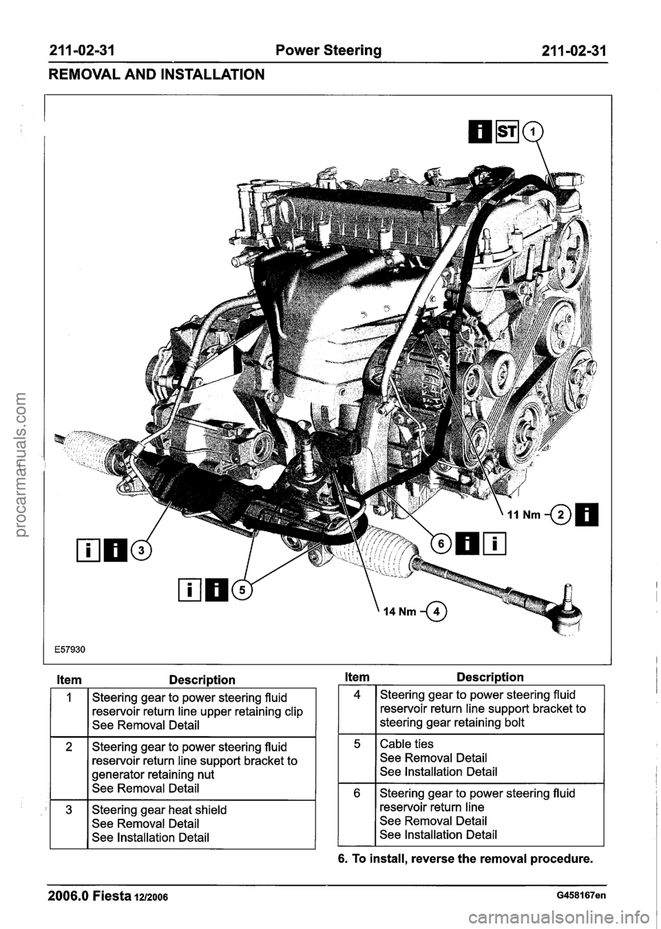 FORD FIESTA 2007 Workshop Manual
211 -02-31 Power Steering 211-02-31
REMOVAL AND INSTALLATION
Item Description
1 Steering gear to power steering fluid
reservoir return line upper retaining clip
See Removal Detail
2 Steerin FORD FIESTA 2007 Workshop Manual
211 -02-31 Power Steering 211-02-31
REMOVAL AND INSTALLATION
Item Description
1 Steering gear to power steering fluid
reservoir return line upper retaining clip
See Removal Detail
2 Steerin