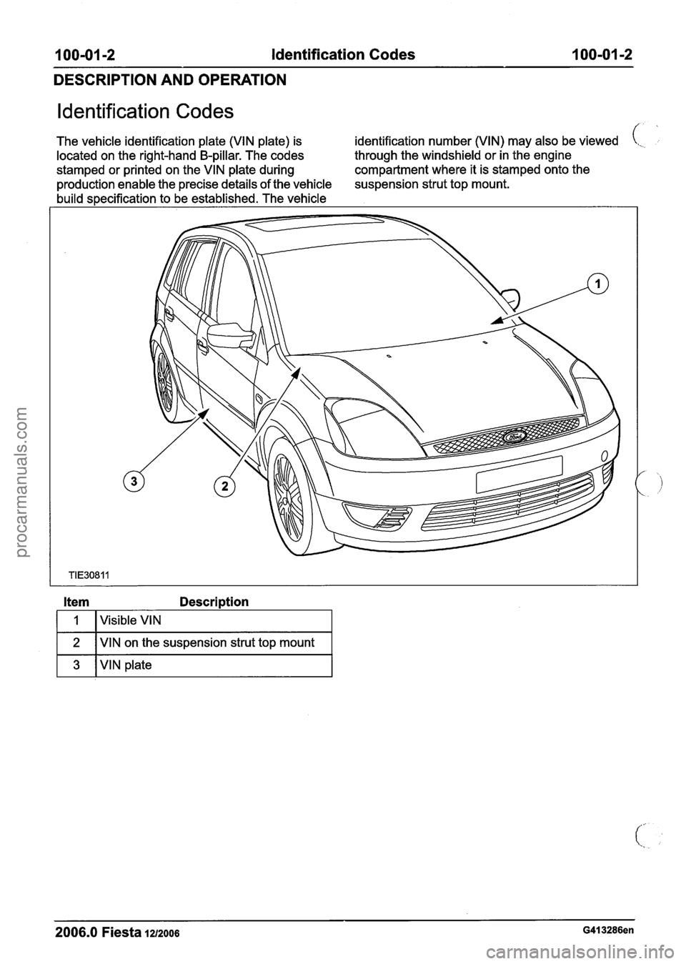 FORD FIESTA 2007 User Guide
100-01 -2 Identification Codes 100-01 -2
DESCRIPTION AND OPERATION
ldentification Codes
The vehicle identification plate (VIN plate) is identification number (VIN) may
also be viewed (
located FORD FIESTA 2007 User Guide
100-01 -2 Identification Codes 100-01 -2
DESCRIPTION AND OPERATION
ldentification Codes
The vehicle identification plate (VIN plate) is identification number (VIN) may
also be viewed (
located