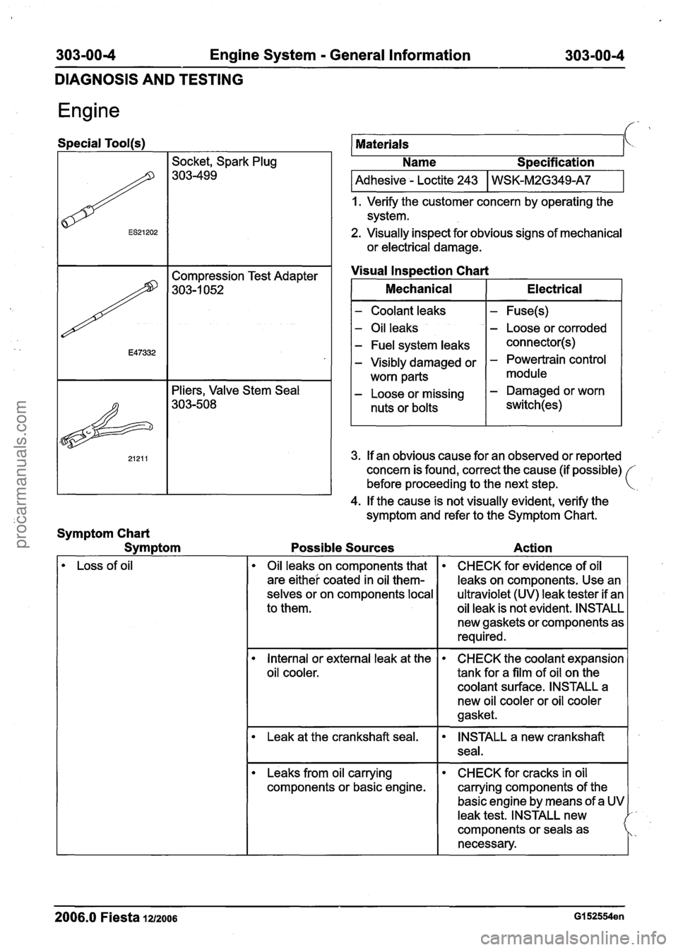 FORD FIESTA 2007  Workshop Manual 
303-004 Engine System - General Information  303-00-4 
DIAGNOSIS AND TESTING 
Engine 
Special Tool(s) 
Socket, Spark  Plug 
303-499 
I Adhesive - Loctite 243 I WSK-M2G349A7 I 
Materials 
1. Verify  t