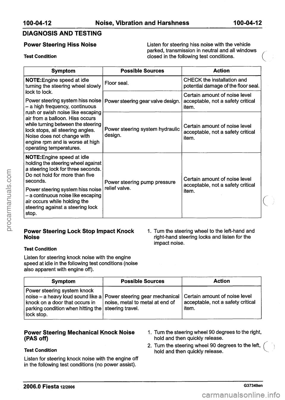 FORD FIESTA 2007 Workshop Manual
I 00-04-1 2 Noise, Vibration and Harshness I 00=04m12
DIAGNOSIS AND TESTING
Power Steering Hiss Noise
Test Condition
Listen for steering hiss noise with the vehicle
parked, transmission in n FORD FIESTA 2007 Workshop Manual
I 00-04-1 2 Noise, Vibration and Harshness I 00=04m12
DIAGNOSIS AND TESTING
Power Steering Hiss Noise
Test Condition
Listen for steering hiss noise with the vehicle
parked, transmission in n