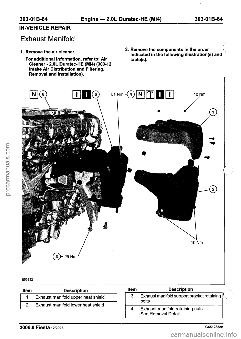 FORD FIESTA 2007 Workshop Manual
303-01 B-64 Engine - 2.OL Duratec-HE (M14) 303-01 B-64
IN-VEHICLE REPAIR
Exhaust Manifold
1. Remove the air cleaner.
For additional information, refer to: Air
Cleaner
- 2.OL Duratec-HE (M14) FORD FIESTA 2007 Workshop Manual
303-01 B-64 Engine - 2.OL Duratec-HE (M14) 303-01 B-64
IN-VEHICLE REPAIR
Exhaust Manifold
1. Remove the air cleaner.
For additional information, refer to: Air
Cleaner
- 2.OL Duratec-HE (M14)