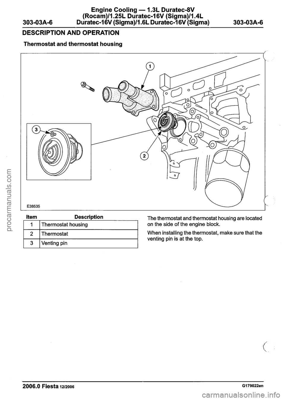 FORD FIESTA 2007 Workshop Manual
Engine Cooling - I .3L Duratec-8V
(Rocam)ll.25L Duratec-1 6V (Sigma)ll.4L
303-03A-6 Duratec-I 6V (Sigma)/l .6L Duratec-I 6V (Sigma) 303-03A-6
DESCRIPTION AND OPERATION
Thermostat and thermosta FORD FIESTA 2007 Workshop Manual
Engine Cooling - I .3L Duratec-8V
(Rocam)ll.25L Duratec-1 6V (Sigma)ll.4L
303-03A-6 Duratec-I 6V (Sigma)/l .6L Duratec-I 6V (Sigma) 303-03A-6
DESCRIPTION AND OPERATION
Thermostat and thermosta