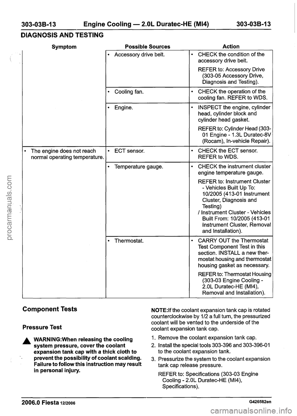 FORD FIESTA 2007 Manual PDF
Engine Cooling - 2.OL Duratec-HE (M14)
DIAGNOSIS AND TESTING
Symptom Possible Sources
Action
I Accessory drive belt. CHECK the condition of the
accessory drive belt.
REFER to: Accessory Driv FORD FIESTA 2007 Manual PDF
Engine Cooling - 2.OL Duratec-HE (M14)
DIAGNOSIS AND TESTING
Symptom Possible Sources
Action
I Accessory drive belt. CHECK the condition of the
accessory drive belt.
REFER to: Accessory Driv