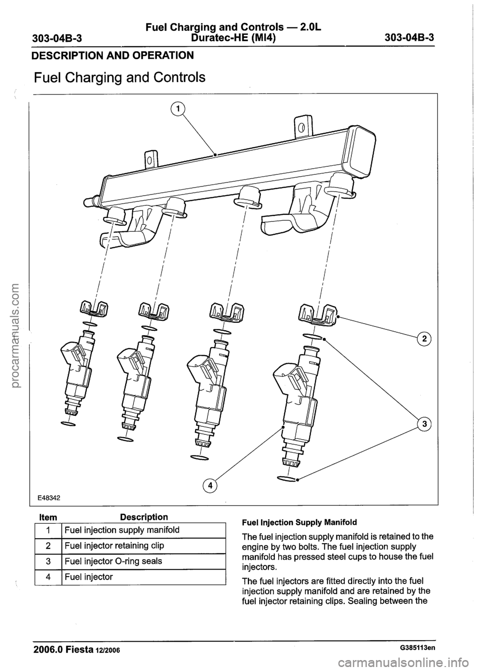 FORD FIESTA 2007 Workshop Manual
Fuel Charging and Controls - 2.OL
Duratec-HE (M14)
DESCRIPTION AND OPERATION
Fuel Charging and Controls
Item Description Fuel Injection Supply Manifold
4 1 Fuel injector
The fuel injectors ar FORD FIESTA 2007 Workshop Manual
Fuel Charging and Controls - 2.OL
Duratec-HE (M14)
DESCRIPTION AND OPERATION
Fuel Charging and Controls
Item Description Fuel Injection Supply Manifold
4 1 Fuel injector
The fuel injectors ar