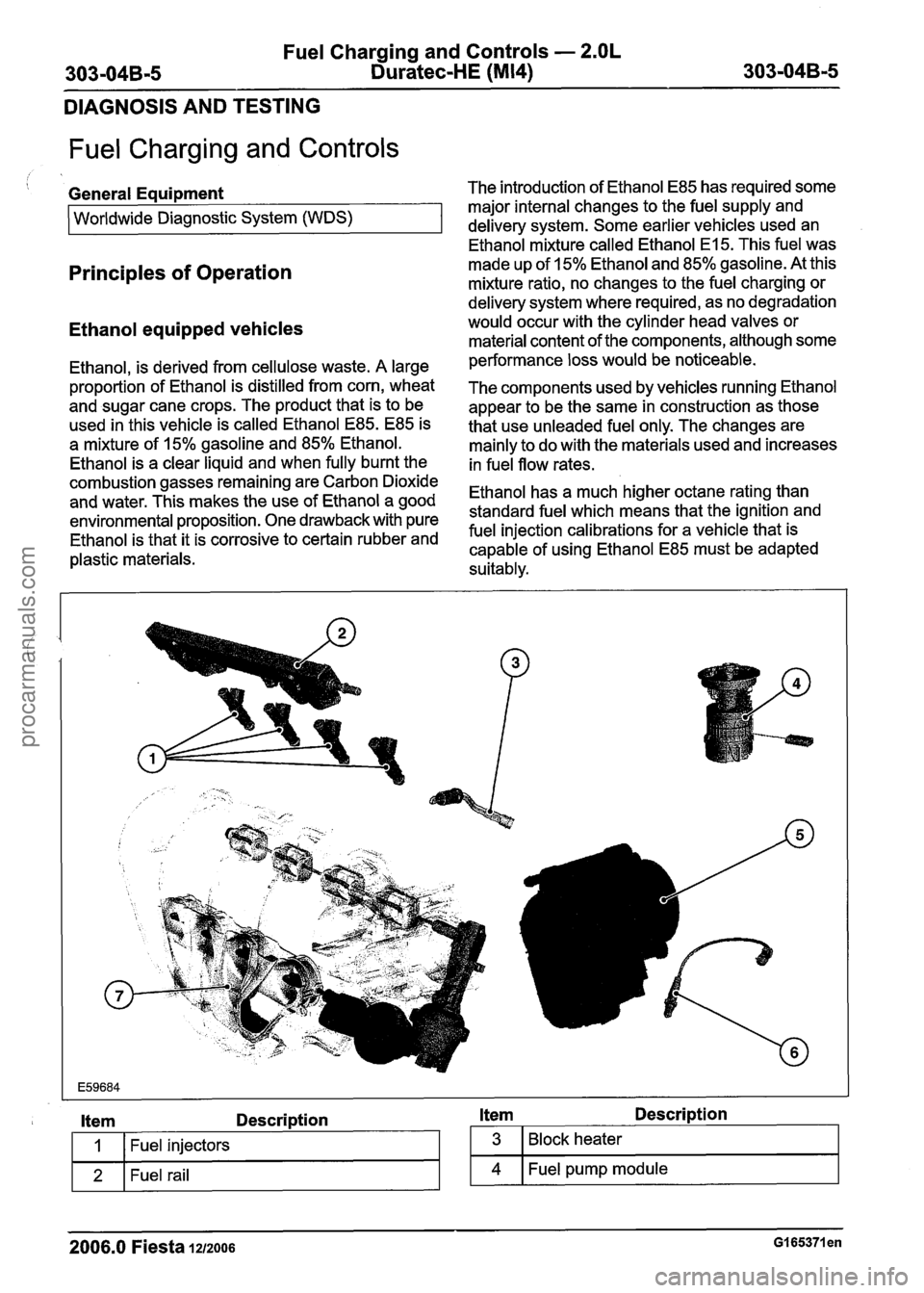 FORD FIESTA 2007  Workshop Manual 
Fuel Charging and Controls - 2.OL 
303-04B-5  Duratec-HE (M14) 303-04B-5 
DIAGNOSIS  AND TESTING 
Fuel Charging and Controls 
General Equipment 
Wgnostic System (WDS) I 
Principles of Operation 
Etha