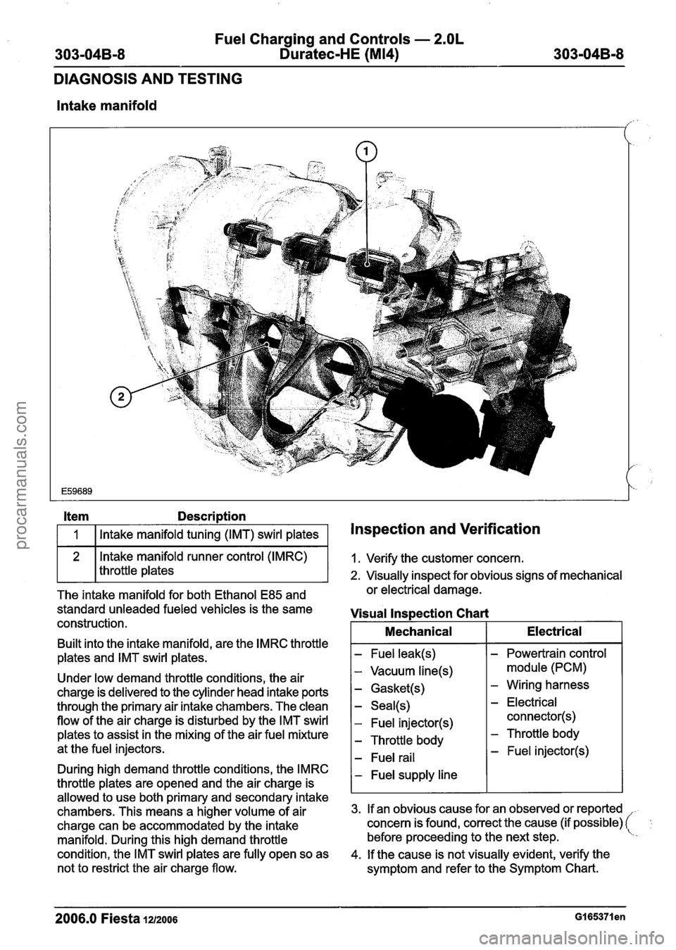 FORD FIESTA 2007 Owners Manual
Fuel Charging and Controls - 2.OL
303-04B-8 Duratec-HE (M14) 303-04B-8
DIAGNOSIS AND TESTING
lntake manifold
item Description
I 1 I Intake manifold tuning (IMT) swirl plates I Inspection and V FORD FIESTA 2007 Owners Manual
Fuel Charging and Controls - 2.OL
303-04B-8 Duratec-HE (M14) 303-04B-8
DIAGNOSIS AND TESTING
lntake manifold
item Description
I 1 I Intake manifold tuning (IMT) swirl plates I Inspection and V