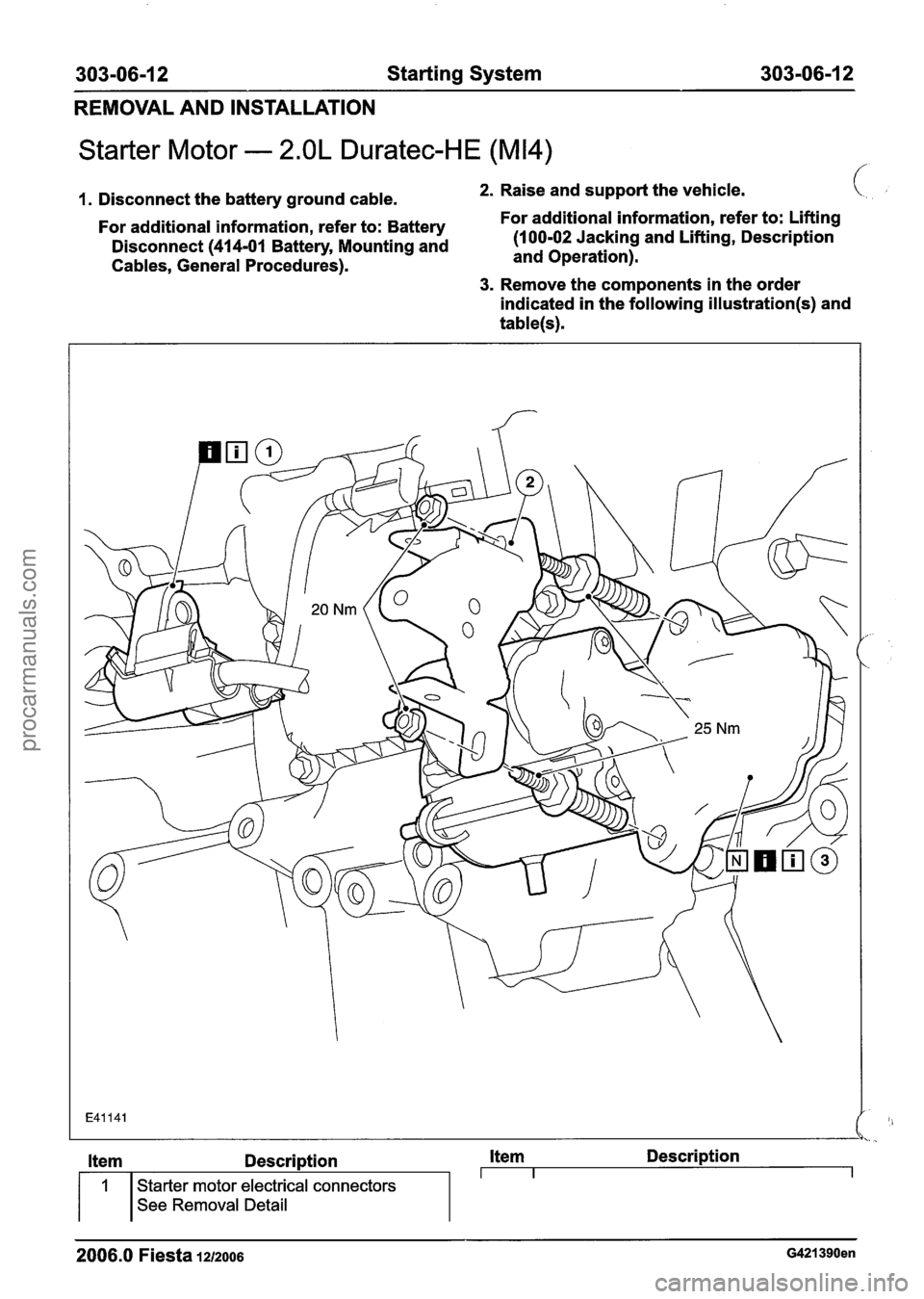 FORD FIESTA 2007 Workshop Manual
303-06-1 2 Starting System 303-06-1 2
REMOVAL AND INSTALLATION
Starter Motor - 2.OL Duratec-HE (M14)
/
I. Disconnect the battery ground cable. 2. Raise and support the vehicle. (.. . ,,
F FORD FIESTA 2007 Workshop Manual
303-06-1 2 Starting System 303-06-1 2
REMOVAL AND INSTALLATION
Starter Motor - 2.OL Duratec-HE (M14)
/
I. Disconnect the battery ground cable. 2. Raise and support the vehicle. (.. . ,,
F