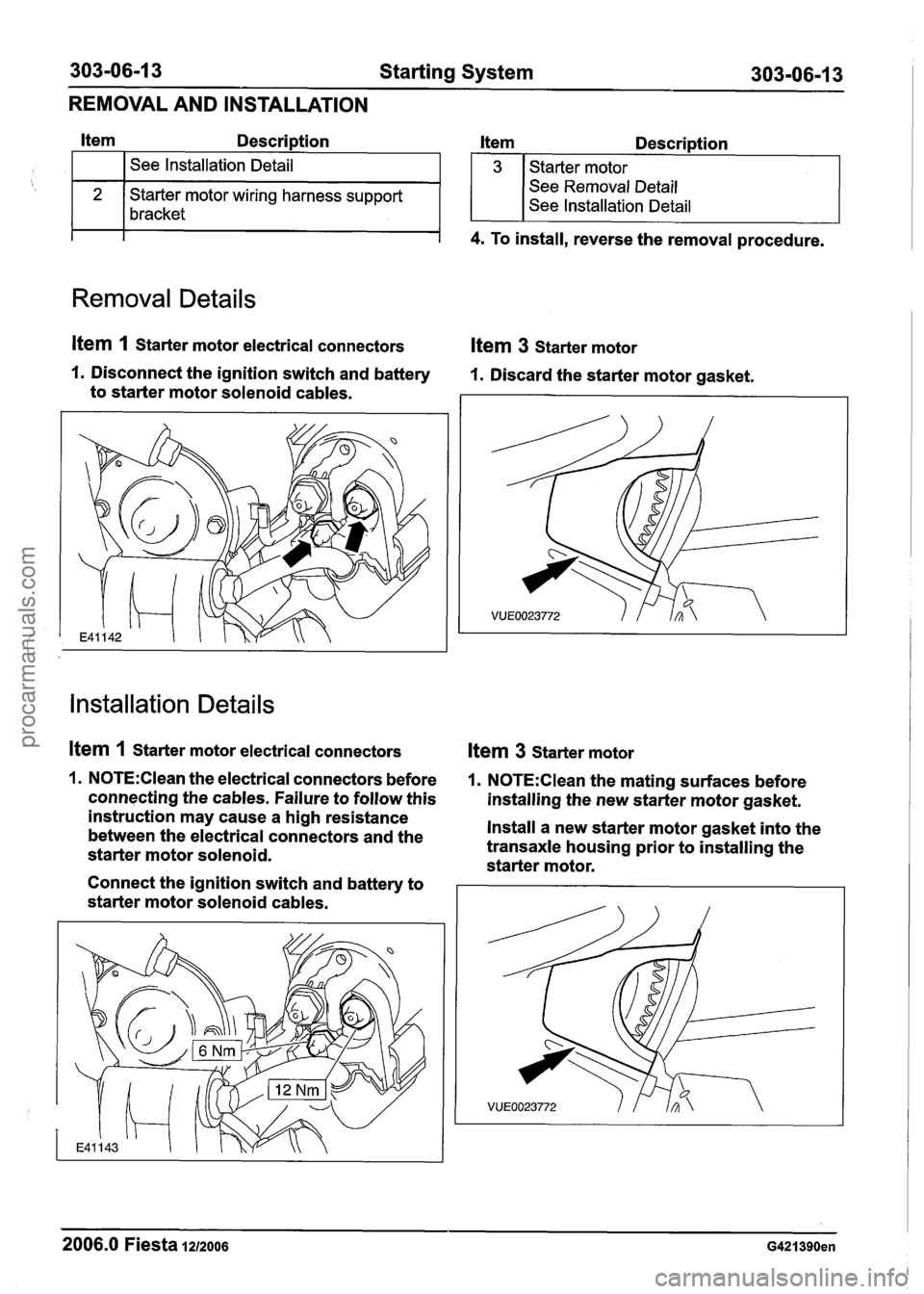 FORD FIESTA 2007 Workshop Manual
303-06-1 3 Starting System 303-06-1 3
REMOVAL AND INSTALLATION
Item Description Item Description
I I 4. To install, reverse the removal procedure.
I See Installation Detail
2
Removal Deta FORD FIESTA 2007 Workshop Manual
303-06-1 3 Starting System 303-06-1 3
REMOVAL AND INSTALLATION
Item Description Item Description
I I 4. To install, reverse the removal procedure.
I See Installation Detail
2
Removal Deta