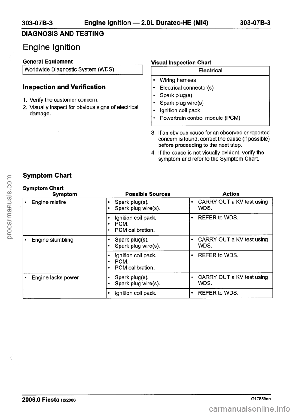 FORD FIESTA 2007 Workshop Manual
Engine lgnition - 2.OL Duratec-HE (M14)
DIAGNOSIS AND TESTING
Engine lgnition
General Equipment
I Worldwide Diagnostic System (WDS) I
lnspection and Verification
I. Verify the customer conce FORD FIESTA 2007 Workshop Manual
Engine lgnition - 2.OL Duratec-HE (M14)
DIAGNOSIS AND TESTING
Engine lgnition
General Equipment
I Worldwide Diagnostic System (WDS) I
lnspection and Verification
I. Verify the customer conce