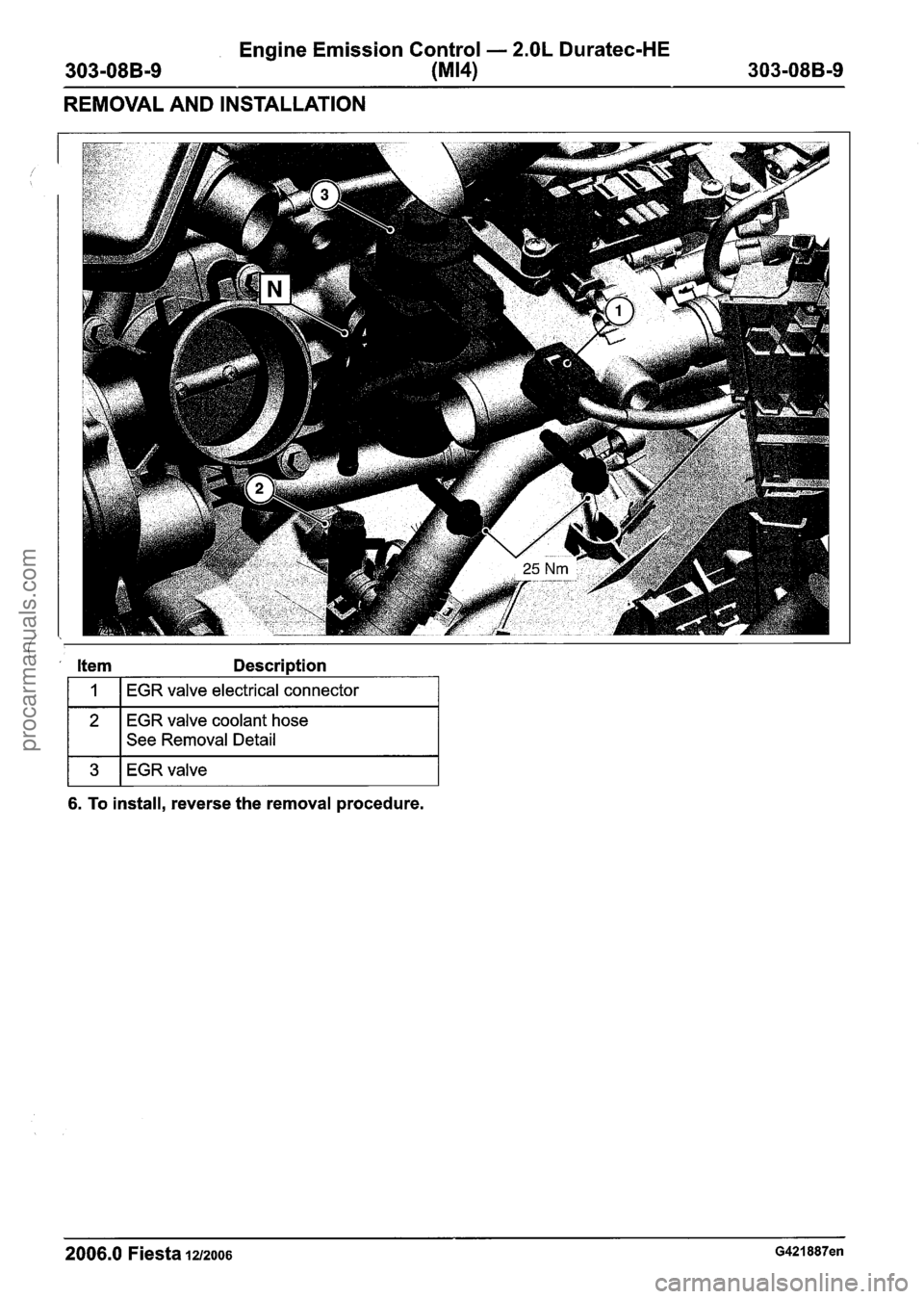 FORD FIESTA 2007 Workshop Manual
Engine Emission Control - 2.OL Duratec-HE
(MI41
REMOVAL AND INSTALLATION
I
Item Description
I 1 I EGR valve electrical connector I
I * 1
EGR valve coolant hose
See Removal Detail
6. To FORD FIESTA 2007 Workshop Manual
Engine Emission Control - 2.OL Duratec-HE
(MI41
REMOVAL AND INSTALLATION
I
Item Description
I 1 I EGR valve electrical connector I
I * 1
EGR valve coolant hose
See Removal Detail
6. To