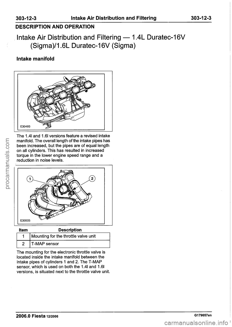 FORD FIESTA 2007 Workshop Manual
303-1 2-3 Intake Air Distribution and Filtering 303-1 2-3
DESCRIPTION AND OPERATION
lntake Air Distribution and Filtering - 1.4L Duratec-I 6V
I (Sigma)/l .6L Duratec-1 6V (Sigma)
lntake manif FORD FIESTA 2007 Workshop Manual
303-1 2-3 Intake Air Distribution and Filtering 303-1 2-3
DESCRIPTION AND OPERATION
lntake Air Distribution and Filtering - 1.4L Duratec-I 6V
I (Sigma)/l .6L Duratec-1 6V (Sigma)
lntake manif