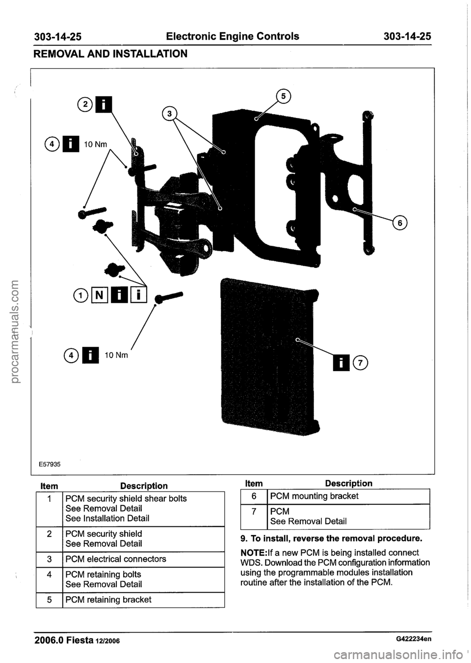 FORD FIESTA 2007 Workshop Manual
303-1 4-25 Electronic Engine Controls 30311 4-25
REMOVAL AND INSTALLATION
Item Description
2 PCM security shield
I I See Removal Detail
1
11FEKGPCMitrica1 connectors I
PCM security shield s FORD FIESTA 2007 Workshop Manual
303-1 4-25 Electronic Engine Controls 30311 4-25
REMOVAL AND INSTALLATION
Item Description
2 PCM security shield
I I See Removal Detail
1
11FEKGPCMitrica1 connectors I
PCM security shield s