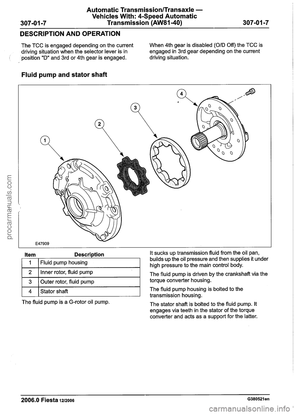 FORD FIESTA 2007 Repair Manual
Automatic Transmission/Transaxle -
Vehicles With: 4-Speed Automatic
Transmission (AW81-40)
DESCRIPTION AND OPERATION
The TCC is engaged depending on the current
driving situation when the sel FORD FIESTA 2007 Repair Manual
Automatic Transmission/Transaxle -
Vehicles With: 4-Speed Automatic
Transmission (AW81-40)
DESCRIPTION AND OPERATION
The TCC is engaged depending on the current
driving situation when the sel