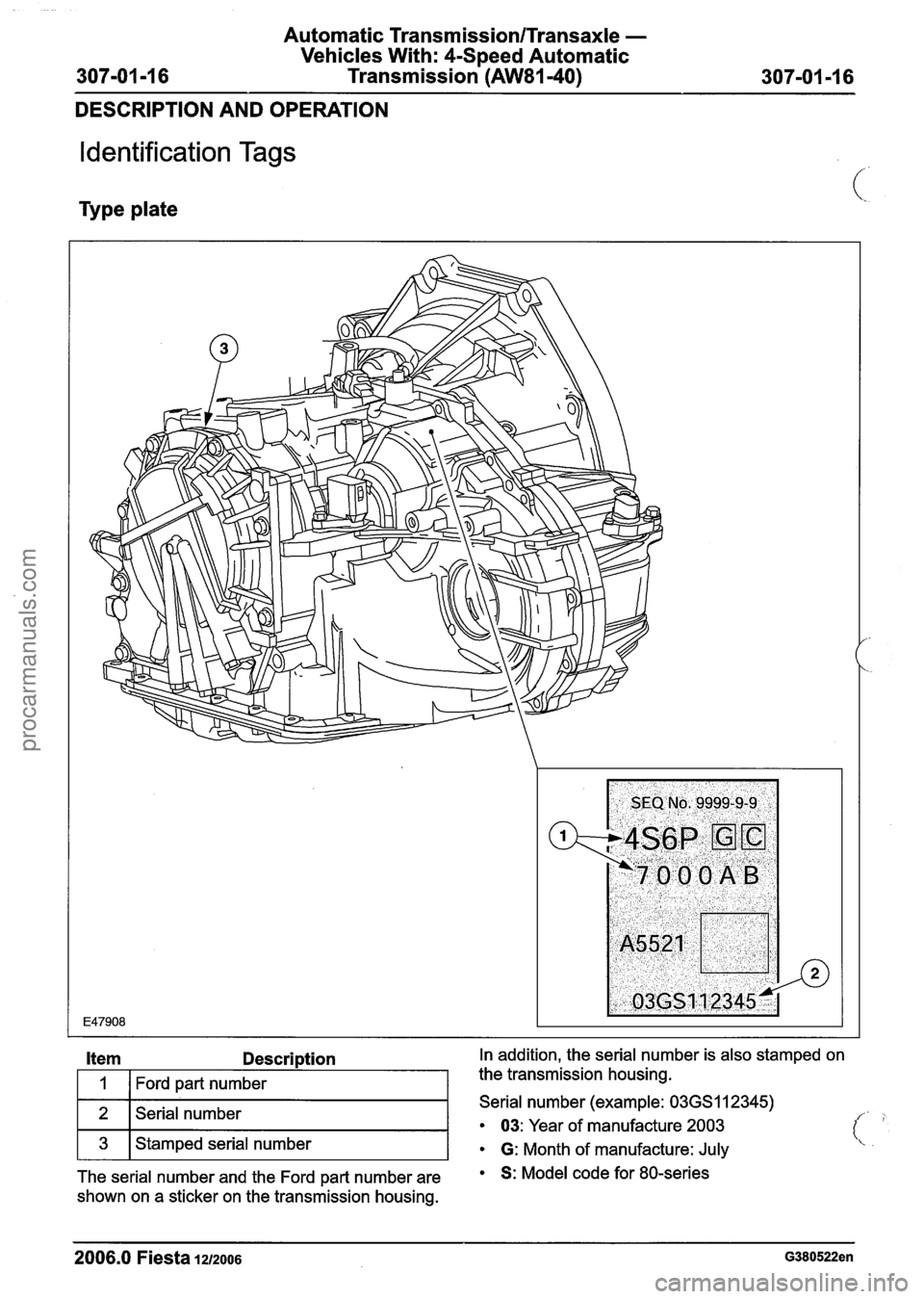 FORD FIESTA 2007 Workshop Manual
Automatic Transmission/Transaxle -
Vehicles With: 4-Speed Automatic
307-01 -1 6 Transmission (AW81-40) 307-01 -1 6
DESCRIPTION AND OPERATION
Identification Tags
.. Type plate
Item Description FORD FIESTA 2007 Workshop Manual
Automatic Transmission/Transaxle -
Vehicles With: 4-Speed Automatic
307-01 -1 6 Transmission (AW81-40) 307-01 -1 6
DESCRIPTION AND OPERATION
Identification Tags
.. Type plate
Item Description
