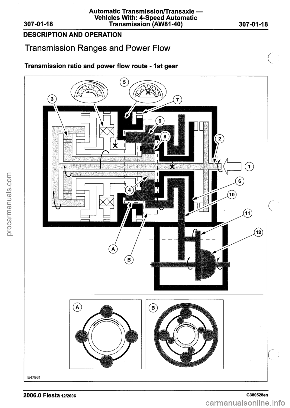 FORD FIESTA 2007 Workshop Manual
Automatic Transmission/Transaxle -
Vehicles With: CSpeed Automatic
Transmission
(AW81-40)
DESCRIPTION AND OPERATION
Transmission Ranges and Power Flow
Transmission ratio and power flow route FORD FIESTA 2007 Workshop Manual
Automatic Transmission/Transaxle -
Vehicles With: CSpeed Automatic
Transmission
(AW81-40)
DESCRIPTION AND OPERATION
Transmission Ranges and Power Flow
Transmission ratio and power flow route