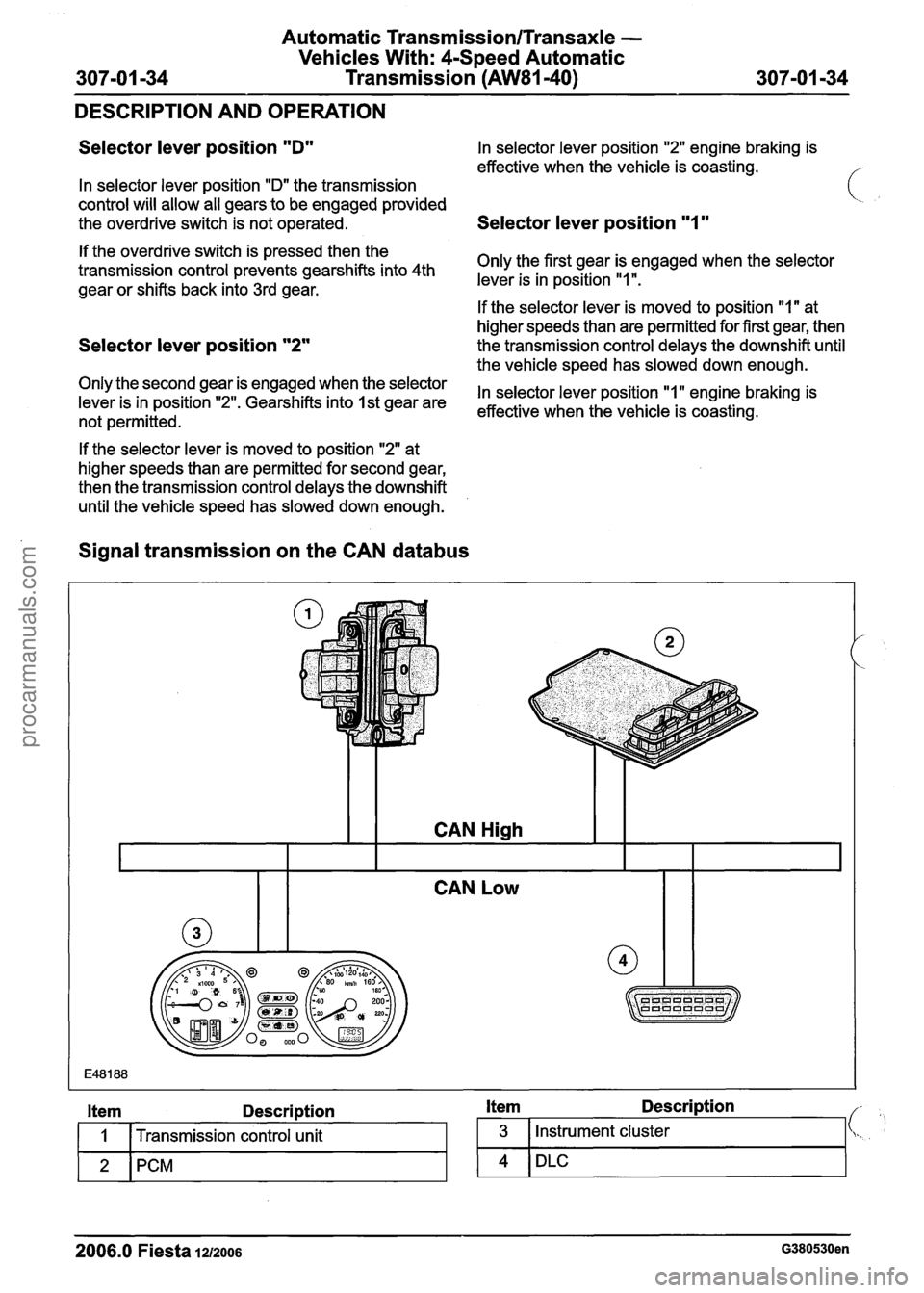 FORD FIESTA 2007 Workshop Manual
Automatic Transmission/Transaxle -
Vehicles With: 4Speed Automatic
307-01 -34 Transmission (AW81-40) 307-01 -34
DESCRIPTION AND OPERATION
Selector lever position "D" In selector lever position " FORD FIESTA 2007 Workshop Manual
Automatic Transmission/Transaxle -
Vehicles With: 4Speed Automatic
307-01 -34 Transmission (AW81-40) 307-01 -34
DESCRIPTION AND OPERATION
Selector lever position "D" In selector lever position "