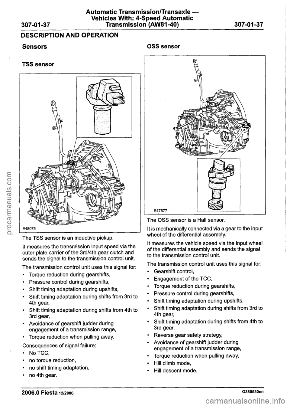 FORD FIESTA 2007 Workshop Manual
Automatic TransmissionlTransaxle -
Vehicles With: 4-Speed Automatic
307-01 -37 Transmission
(AW81-40) 307-01 -37
DESCRIPTION AND OPERATION
Sensors
OSS sensor
TSS sensor
The TSS sensor is FORD FIESTA 2007 Workshop Manual
Automatic TransmissionlTransaxle -
Vehicles With: 4-Speed Automatic
307-01 -37 Transmission
(AW81-40) 307-01 -37
DESCRIPTION AND OPERATION
Sensors
OSS sensor
TSS sensor
The TSS sensor is