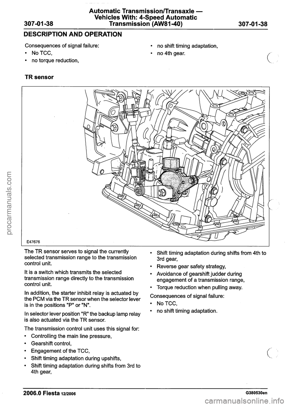 FORD FIESTA 2007 Workshop Manual
Automatic Transmission/Transaxle -
Vehicles With: 4Speed Automatic
307-01 -38 Transmission (AW81-40) 307-01 -38
DESCRIPTION AND OPERATION
Consequences of signal failure:
NoTCC,
no torque reduc FORD FIESTA 2007 Workshop Manual
Automatic Transmission/Transaxle -
Vehicles With: 4Speed Automatic
307-01 -38 Transmission (AW81-40) 307-01 -38
DESCRIPTION AND OPERATION
Consequences of signal failure:
NoTCC,
no torque reduc