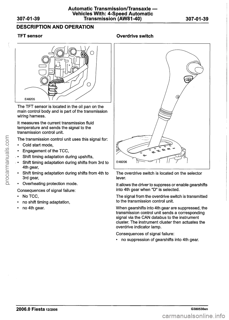 FORD FIESTA 2007 Workshop Manual
Automatic Transmission/Transaxle -
Vehicles With: 4-Speed Automatic
307-01 -39 Transmission (AW81-40) 307-01 -39
DESCRIPTION AND OPERATION
TFT sensor Overdrive switch
The TFT sensor is loca FORD FIESTA 2007 Workshop Manual
Automatic Transmission/Transaxle -
Vehicles With: 4-Speed Automatic
307-01 -39 Transmission (AW81-40) 307-01 -39
DESCRIPTION AND OPERATION
TFT sensor Overdrive switch
The TFT sensor is loca