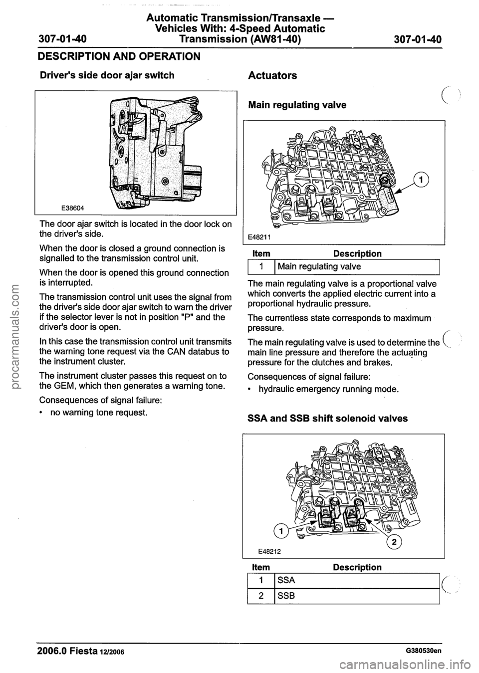 FORD FIESTA 2007 Owners Guide
Automatic Transmission/Transaxle -
Vehicles With: 4-Speed Automatic
307-01 -40 Transmission (AW81-40)
307-01 -40
DESCRIPTION AND
OPEMION
Drivers side door ajar switch
The door ajar switch FORD FIESTA 2007 Owners Guide
Automatic Transmission/Transaxle -
Vehicles With: 4-Speed Automatic
307-01 -40 Transmission (AW81-40)
307-01 -40
DESCRIPTION AND
OPEMION
Drivers side door ajar switch
The door ajar switch