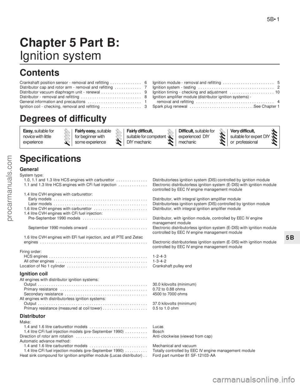 FORD FIESTA 1989 Service Repair Manual 5B
1595Ford Fiesta Remake
General
System type:1.0, 1.1 and 1.3 litre HCS engines with carburettor . . . . . . . . . . . . . . Distributorless ignition system (DIS) controlled by ignition module
1.1 a FORD FIESTA 1989 Service Repair Manual 5B
1595Ford Fiesta Remake
General
System type:1.0, 1.1 and 1.3 litre HCS engines with carburettor . . . . . . . . . . . . . . Distributorless ignition system (DIS) controlled by ignition module
1.1 a