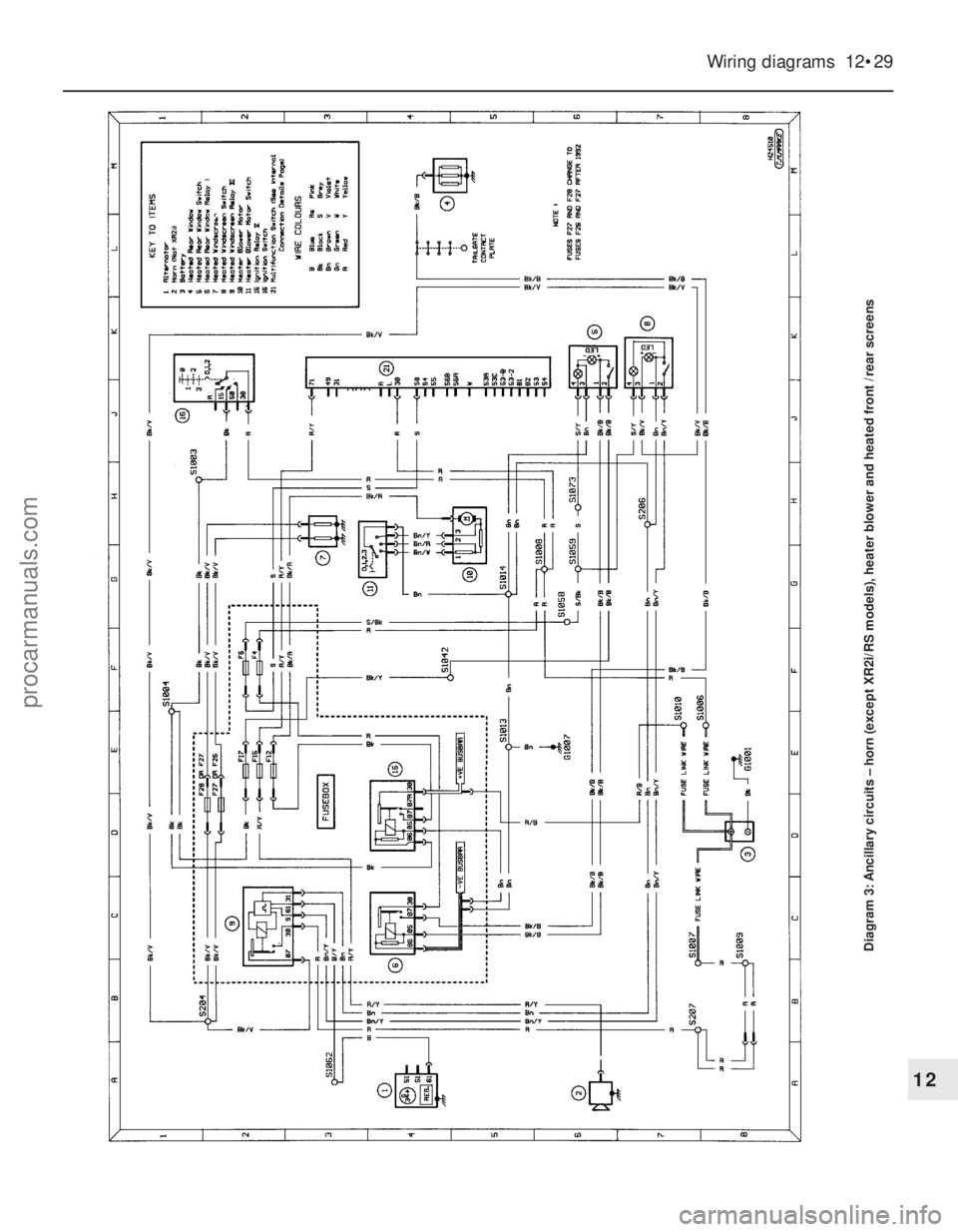 FORD FIESTA 1989 Service Repair Manual Wiring diagrams 12•29
Diagram 3: Ancillary circuits – horn (except XR2i/RS models), heate\
r blower and heated front /rear screens
12
1595Ford Fiesta Remakeprocarmanuals.com
http://vnx.su FORD FIESTA 1989 Service Repair Manual Wiring diagrams 12•29
Diagram 3: Ancillary circuits – horn (except XR2i/RS models), heate\
r blower and heated front /rear screens
12
1595Ford Fiesta Remakeprocarmanuals.com
http://vnx.su