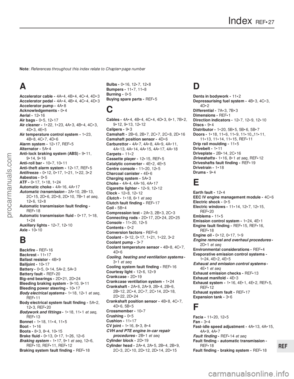 FORD FIESTA 1989 Service Repair Manual 1595 Ford Fiesta Remake
IndexREF•27
REF
Note: References throughout this index relate to Chapter•page number
A
Accelerator cable -4A•4, 4B•4, 4C•4, 4D•3
Accelerator pedal - 4A•4, 4B•4, FORD FIESTA 1989 Service Repair Manual 1595 Ford Fiesta Remake
IndexREF•27
REF
Note: References throughout this index relate to Chapter•page number
A
Accelerator cable -4A•4, 4B•4, 4C•4, 4D•3
Accelerator pedal - 4A•4, 4B•4,