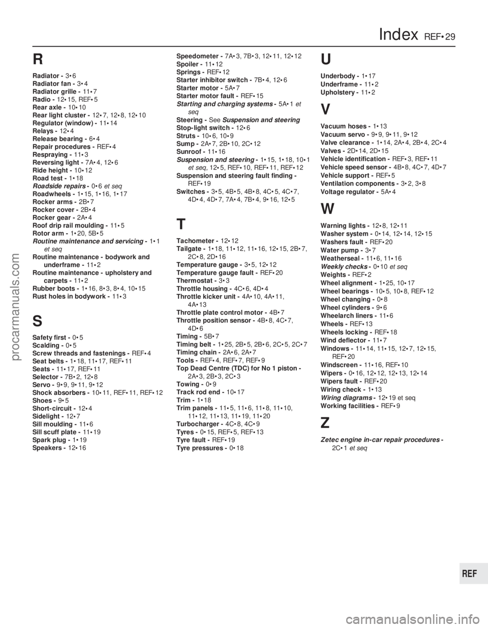 FORD FIESTA 1989 Service Repair Manual R
Radiator -3•6
Radiator fan - 3•4
Radiator grille - 11•7
Radio - 12•15, REF •5
Rear axle - 10•10
Rear light cluster - 12•7, 12•8, 12 •10
Regulator (window) - 11•14
Relays - FORD FIESTA 1989 Service Repair Manual R
Radiator -3•6
Radiator fan - 3•4
Radiator grille - 11•7
Radio - 12•15, REF •5
Rear axle - 10•10
Rear light cluster - 12•7, 12•8, 12 •10
Regulator (window) - 11•14
Relays -