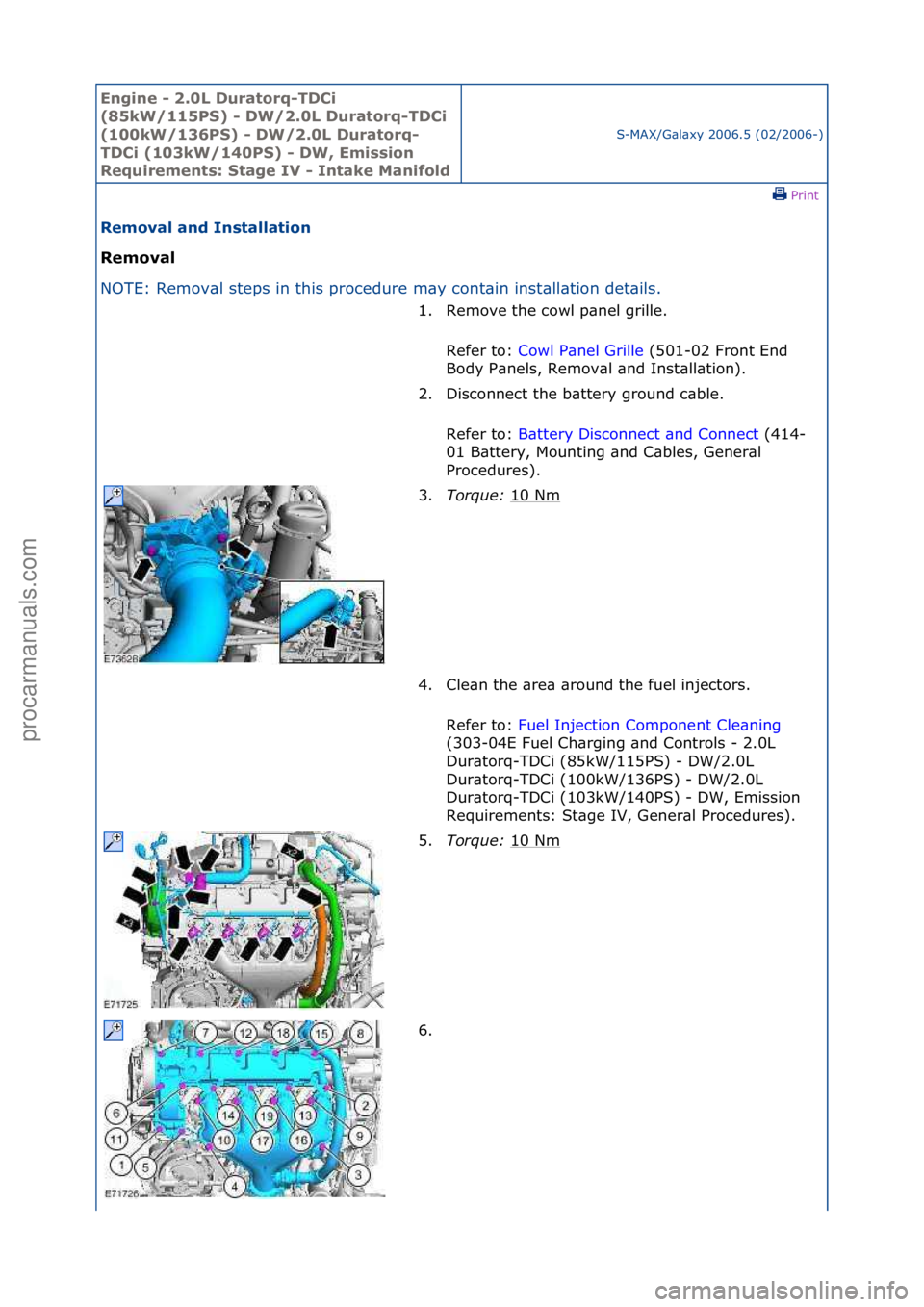 FORD GALAXY 2006  Service Repair Manual Engine - \b.0L \furatorq-T\fCi 
(85kW/115PS) - \fW/\b.0L \furatorq-T\fCi 
(100kW/136PS) - \fW/\b.0L \furatorq-
T\fCi (103kW/140PS) - \fW, Emission 
Requirements: Stage IV - Intake Manifold
S-MAX/G\bl\