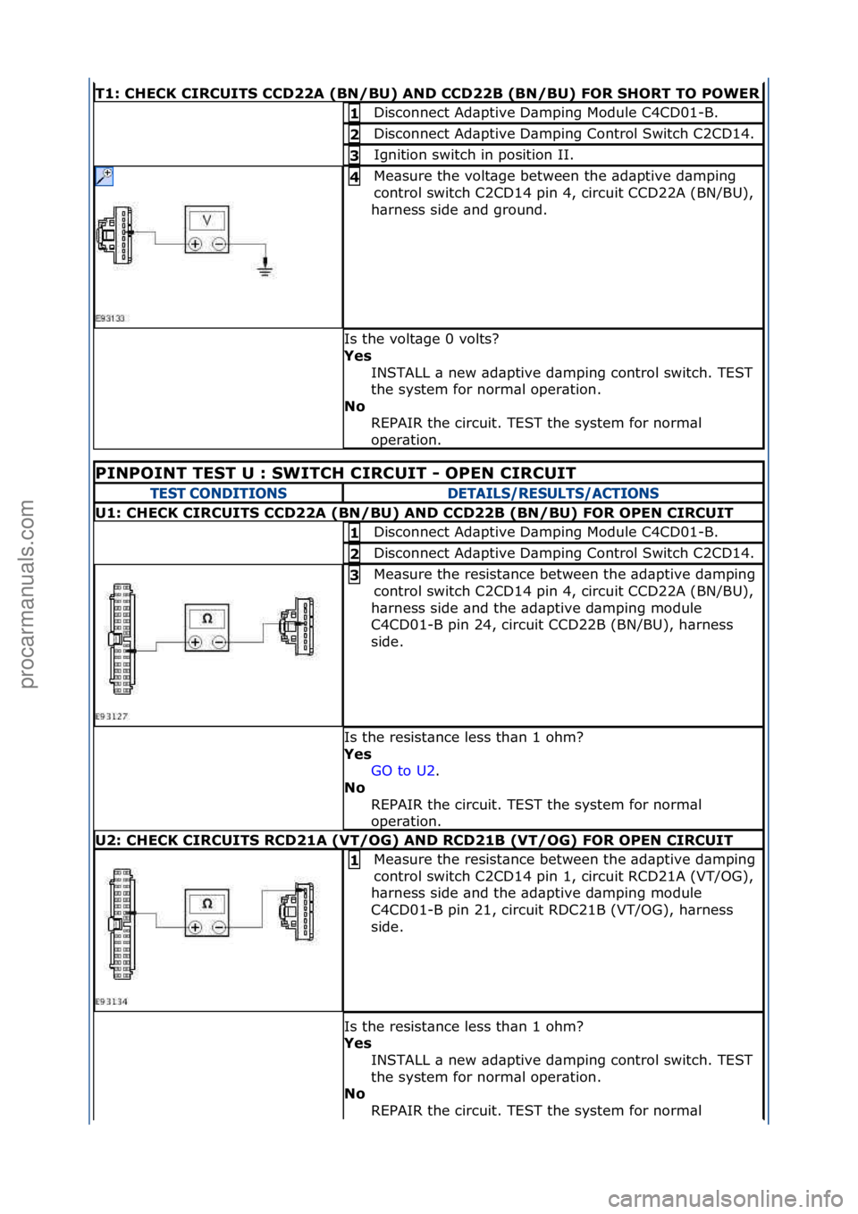 FORD GALAXY 2006  Service Repair Manual T1: CHECK CIRCUITS CCD22A (BN/BU) AND CCD22B (BN/BU) FOR SHORT TO POWER
Disconnect\fAd\bptive\fD\bmping\fModule\fC4CD01-B.\f1 
Disconnect\fAd\bptive\fD\bmping\fControl\fSwitch\fC2CD14.\f2 
Ignition\fs