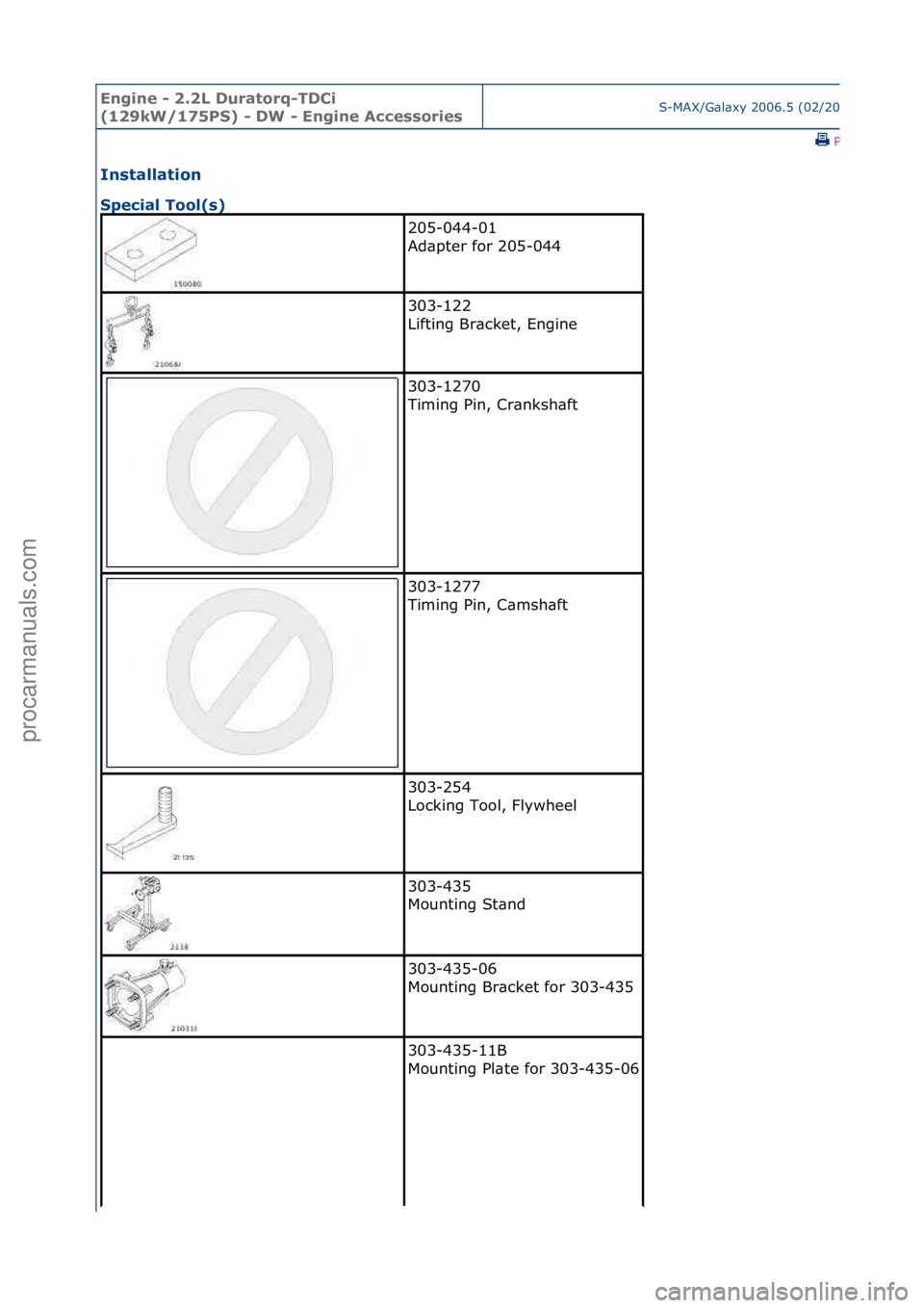 FORD GALAXY 2006  Service Repair Manual Engine - \b.\bL D\fratorq-TDCi 
(1\b9kW/175PS) - DW - Engine AccessoriesS-MAX/G\bl\bxy\f2006.5\f(02/2006
\fPrint
Installation 
Special Tool(s) 
205-044-01\f
Ad\bpter\ffor\f205-044\f
303-122\f
Lifting\
