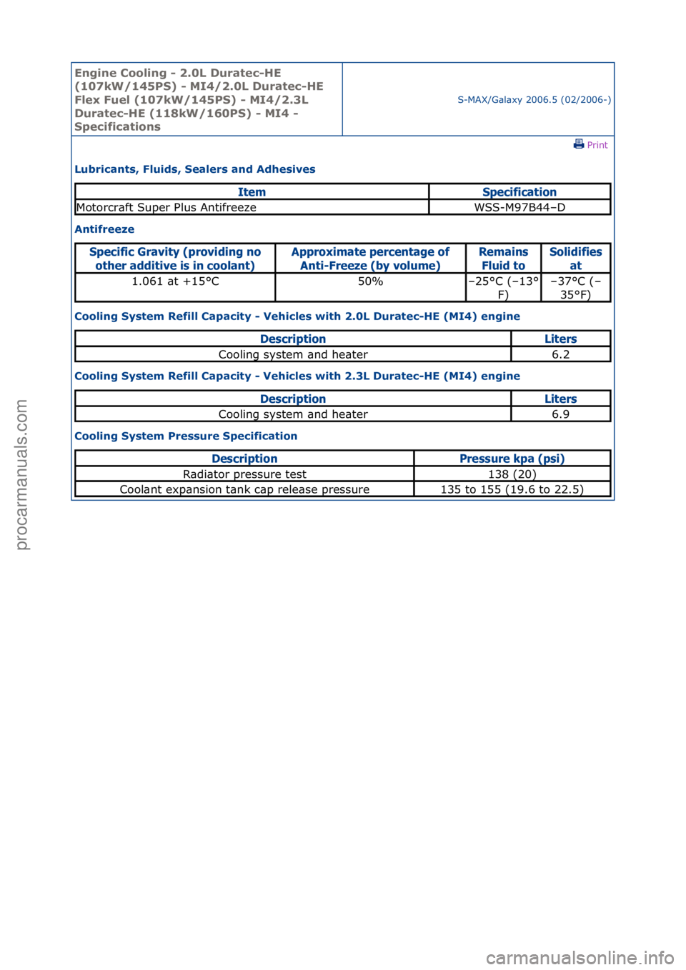 FORD GALAXY 2006  Service Repair Manual Engine C\b\bling - 2\f0L Duratec-HE 
(107kW/145PS) - MI4/2\f0L Duratec-HE 
Flex Fuel (107kW/145PS) - MI4/2\f3L 
Duratec-HE (118kW/160PS) - MI4 - 
Specificati\bns
S-MAX/G\bl\bxy\f2006.5\f(02/2006-)\fPr