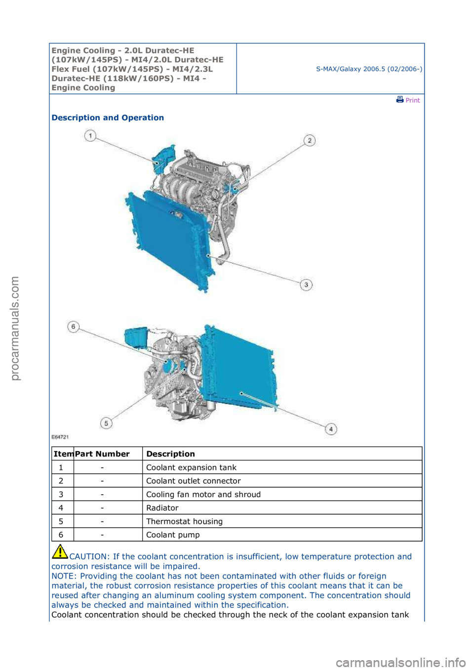 FORD GALAXY 2006  Service Repair Manual Engine C\b\bling - 2\f0L Duratec-HE 
(107kW/145PS) - MI4/2\f0L Duratec-HE 
Flex Fuel (107kW/145PS) - MI4/2\f3L 
Duratec-HE (118kW/160PS) - MI4 - 
Engine C\b\bling
S-MAX/G\bl\bxy\f2006.5\f(02/2006-)\fP