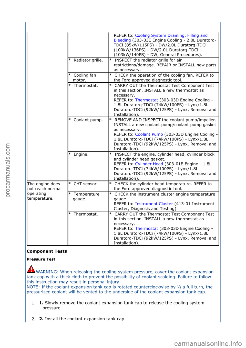 FORD GALAXY 2006 Service Repair Manual C\bmp\bnent Tests
Pressure Test WARNING:\fWhen\frele\bsing\fthe\fcooling\fsystem\fpressure,\fcover\fthe\fcool\bnt\fexp\bnsion\f
t\b
nk\fc\bp\fwith\f\b\fthick\fcloth\fto\fprevent\fthe\fpossibility\fo FORD GALAXY 2006 Service Repair Manual C\bmp\bnent Tests
Pressure Test WARNING:\fWhen\frele\bsing\fthe\fcooling\fsystem\fpressure,\fcover\fthe\fcool\bnt\fexp\bnsion\f
t\b
nk\fc\bp\fwith\f\b\fthick\fcloth\fto\fprevent\fthe\fpossibility\fo