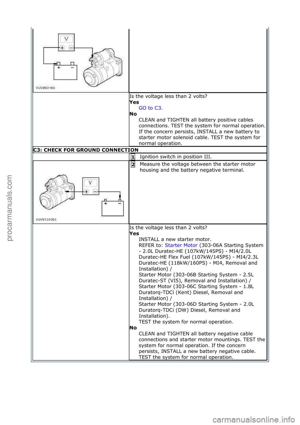 FORD GALAXY 2006  Service Repair Manual Is\fthe\fvolt\bge\fless\fth\bn\f2\fvolts?\f
Yes\bGO\fto\fC3 .\f\f
No \b
C

LEAN\f\bnd\fTIGHTEN\f\bll\fb\bttery\fpositive\fc\bbles\f
connections.\fTEST\fthe\fsystem\ffor\fnorm\bl\foper\btion.\f
If\fthe