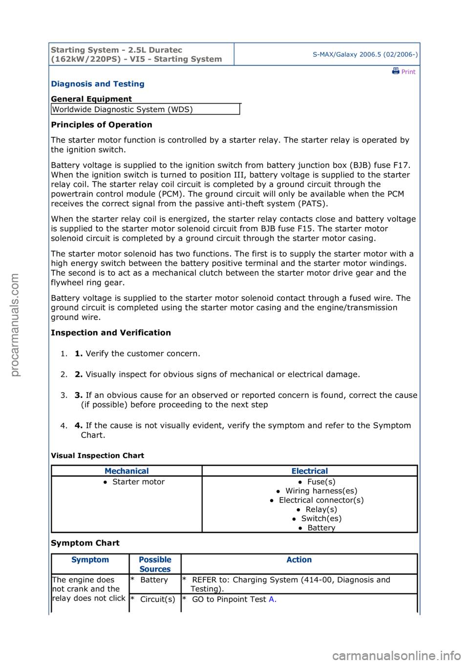 FORD GALAXY 2006  Service Repair Manual Starting\bSyste\f\b-\b2.5L\bDuratec\b
(162kW/220PS)\b-\bVI5\b-\bStarting\bSyste\fS-MAX/G\bl\bxy\f2006.5\f(02/2006-)\fPrint \f
Diagnosis\band\bTesting\b
General\bEquip\fent\b
Principles\bof\bOperation\