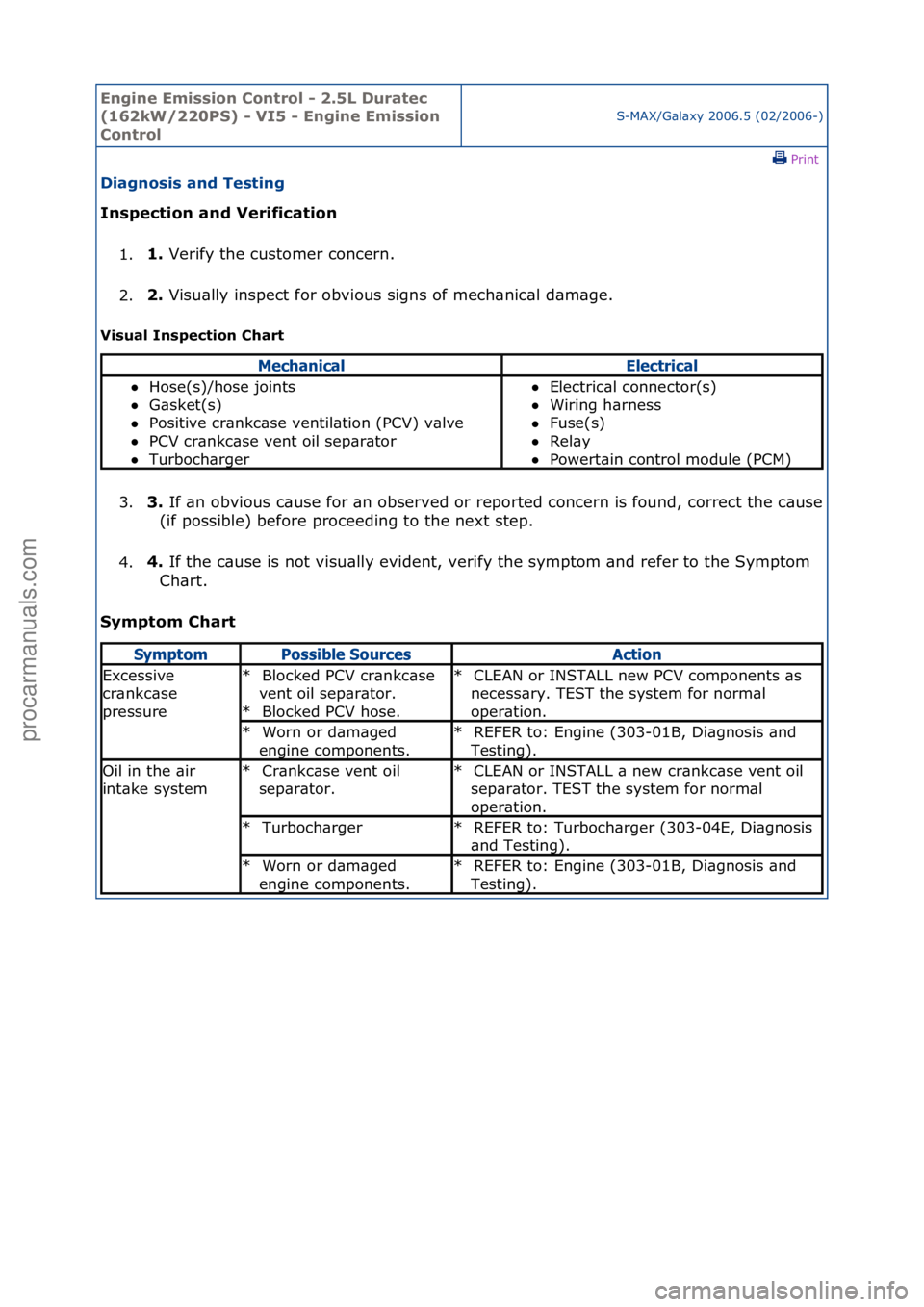 FORD GALAXY 2006 Service Repair Manual Engine Emi\b\bion Cont\fol - 2.5L Du\fatec
(162kW/220PS) - VI5 - Engine Emi\b\bion
Cont\fol
S-MAX/G\bl\bxy\f2006.5\f(02/2006-)\fPrint \f
Diagno\bi\b and Te\bting
In\bpection and Ve\fification
1. 1 FORD GALAXY 2006 Service Repair Manual Engine Emi\b\bion Cont\fol - 2.5L Du\fatec
(162kW/220PS) - VI5 - Engine Emi\b\bion
Cont\fol
S-MAX/G\bl\bxy\f2006.5\f(02/2006-)\fPrint \f
Diagno\bi\b and Te\bting
In\bpection and Ve\fification
1. 1