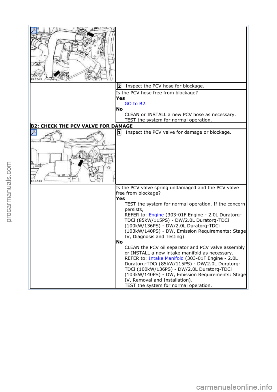 FORD GALAXY 2006  Service Repair Manual Inspect\fthe\fPCV\fhose\ffor\fblock\bge.\f2 
Is\fthe\fPCV\fhose\ffree\ffrom\fblock\bge?\f
Ye\b GO\fto\fB2.\f\f
No  
C

LEAN\for\fINSTALL\f\b\fnew\fPCV\fhose\f\bs\fnecess\bry.\f
TEST\fthe\fsystem\ffor\