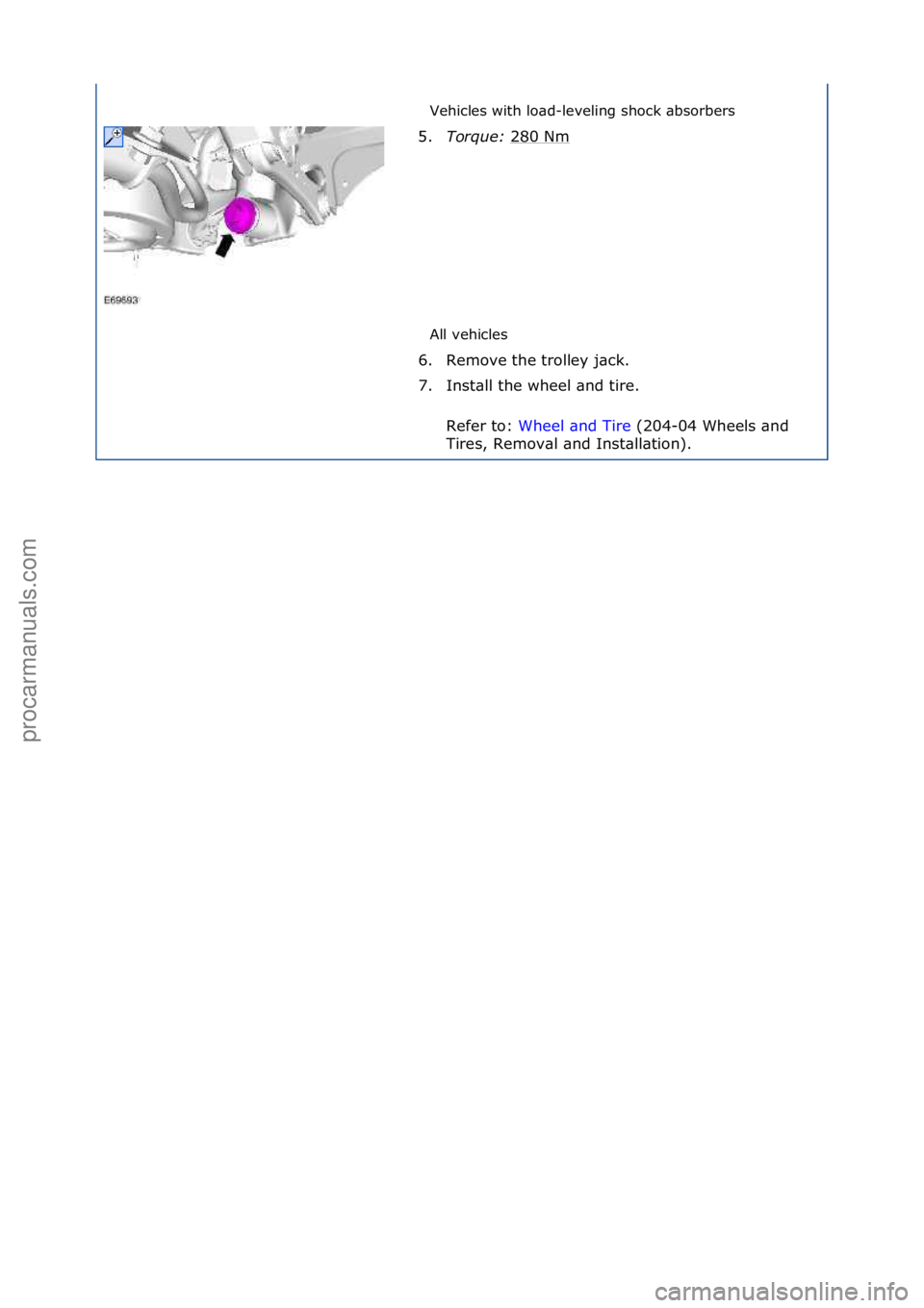 FORD GALAXY 2006  Service Repair Manual Vehicles\fwith\flo\bd-leveling\fshock\f\bbsorbers\f
All\fvehicles\f
5.
Torque:  2
 80\fNm\f
6. Remove\fthe\ftrolley\fj\bck.\f
7. Inst\bll\fthe\fwheel\f\bnd\ftire.\f Refer\fto:\f Wheel\f\bnd\fTire\f(20