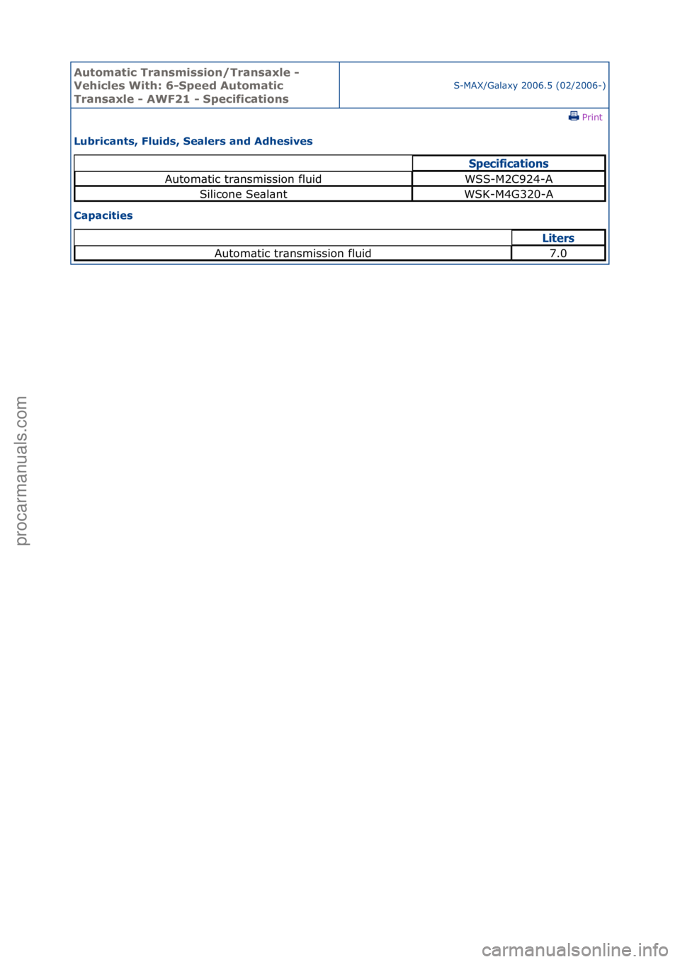 FORD GALAXY 2006  Service Repair Manual Automati\b Tra\fsmissio\f/Tra\fsaxle - 
Vehi\bles With: 6-Speed Automati\b 
Tra\fsaxle - AWF21 - Spe\bifi\batio\fs
S-MAX/G\bl\bxy\f2006.5\f(02/2006-)\fPrint \f
Lubri\ba\fts, Fluids, Sealers a\fd Adhes