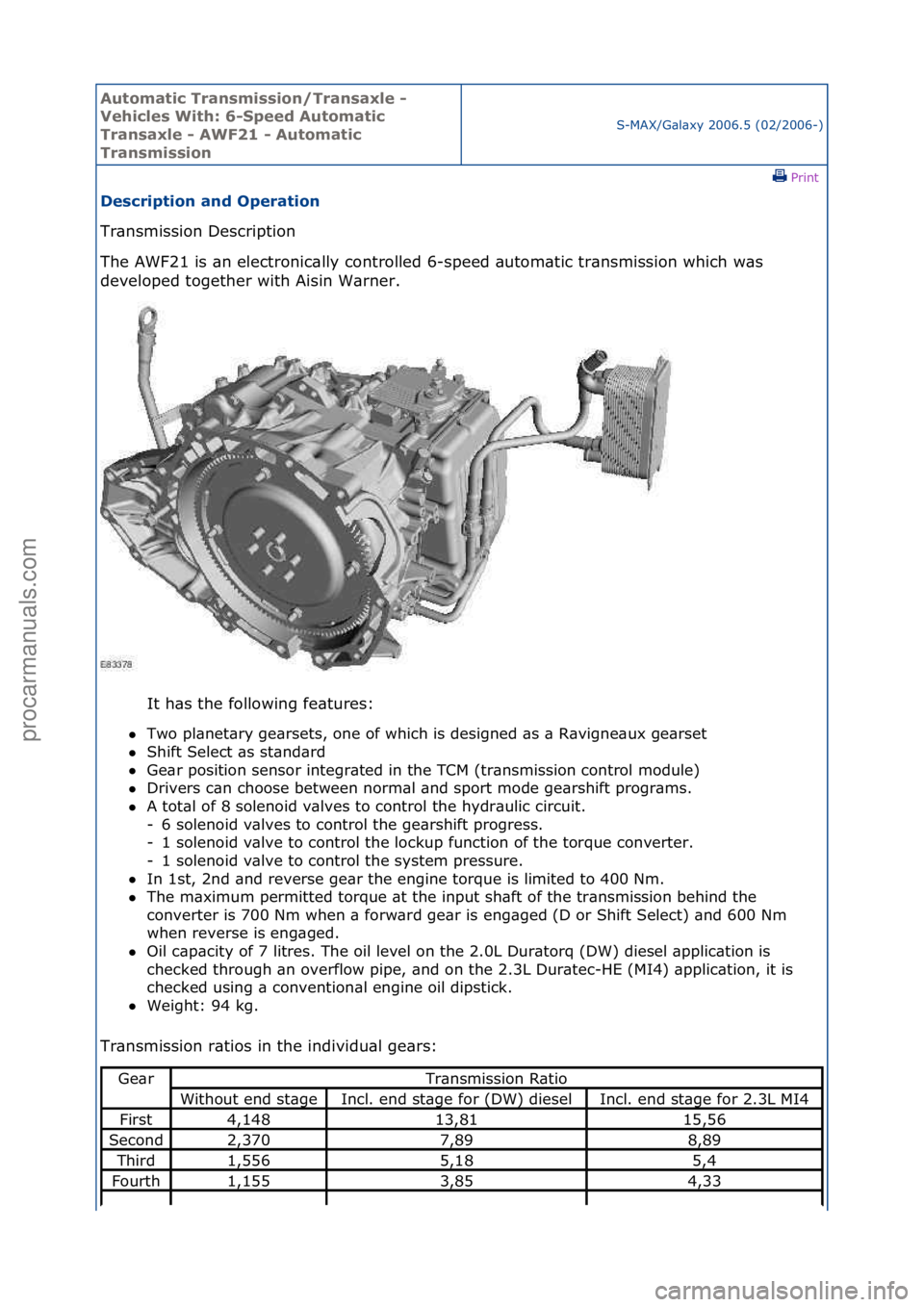 FORD GALAXY 2006  Service Repair Manual Automati\b Tra\fsmissio\f/Tra\fsaxle - 
Vehi\bles With: 6-Speed Automati\b 
Tra\fsaxle - AWF21 - Automati\b 
Tra\fsmissio\f
S-MAX/G\bl\bxy\f2006.5\f(02/2006-)\fPrint \f
Des\briptio\f a\fd Operatio\f 
