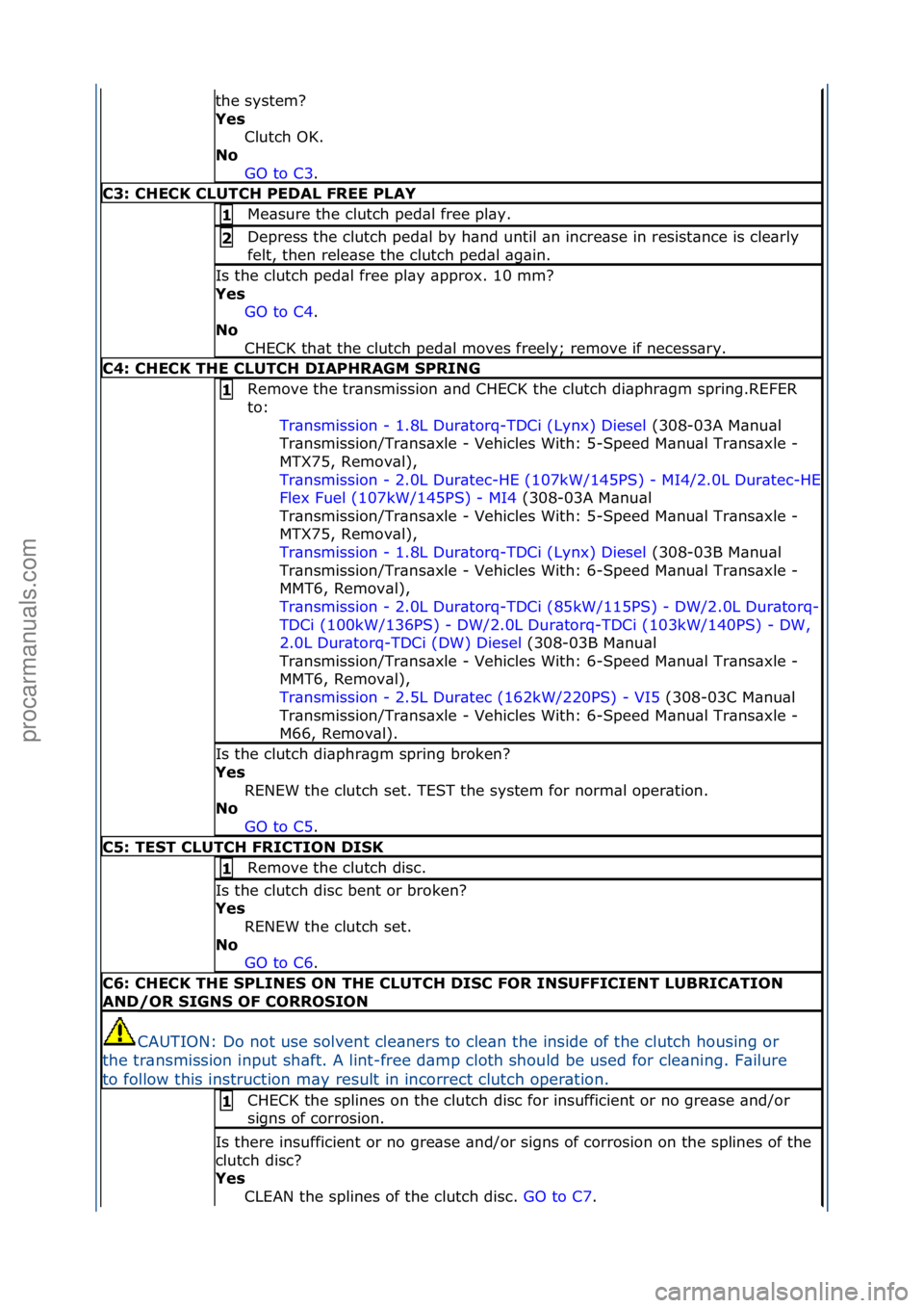 FORD GALAXY 2006 Service Repair Manual the\fsystem?\f
Yes Clutch\fOK.\f
N\f
GO\fto\fC3 .\f\f
C3: CHECK CLUTCH PEDAL FREE PLAY
Me\bsure\fthe\fclutch\fped\bl\ffree\fpl\by.\f1
Depress\fthe\fclutch\fped\bl\fby\fh\bnd\funtil\f\bn\fincre\bse\f FORD GALAXY 2006 Service Repair Manual the\fsystem?\f
Yes Clutch\fOK.\f
N\f
GO\fto\fC3 .\f\f
C3: CHECK CLUTCH PEDAL FREE PLAY
Me\bsure\fthe\fclutch\fped\bl\ffree\fpl\by.\f1
Depress\fthe\fclutch\fped\bl\fby\fh\bnd\funtil\f\bn\fincre\bse\f