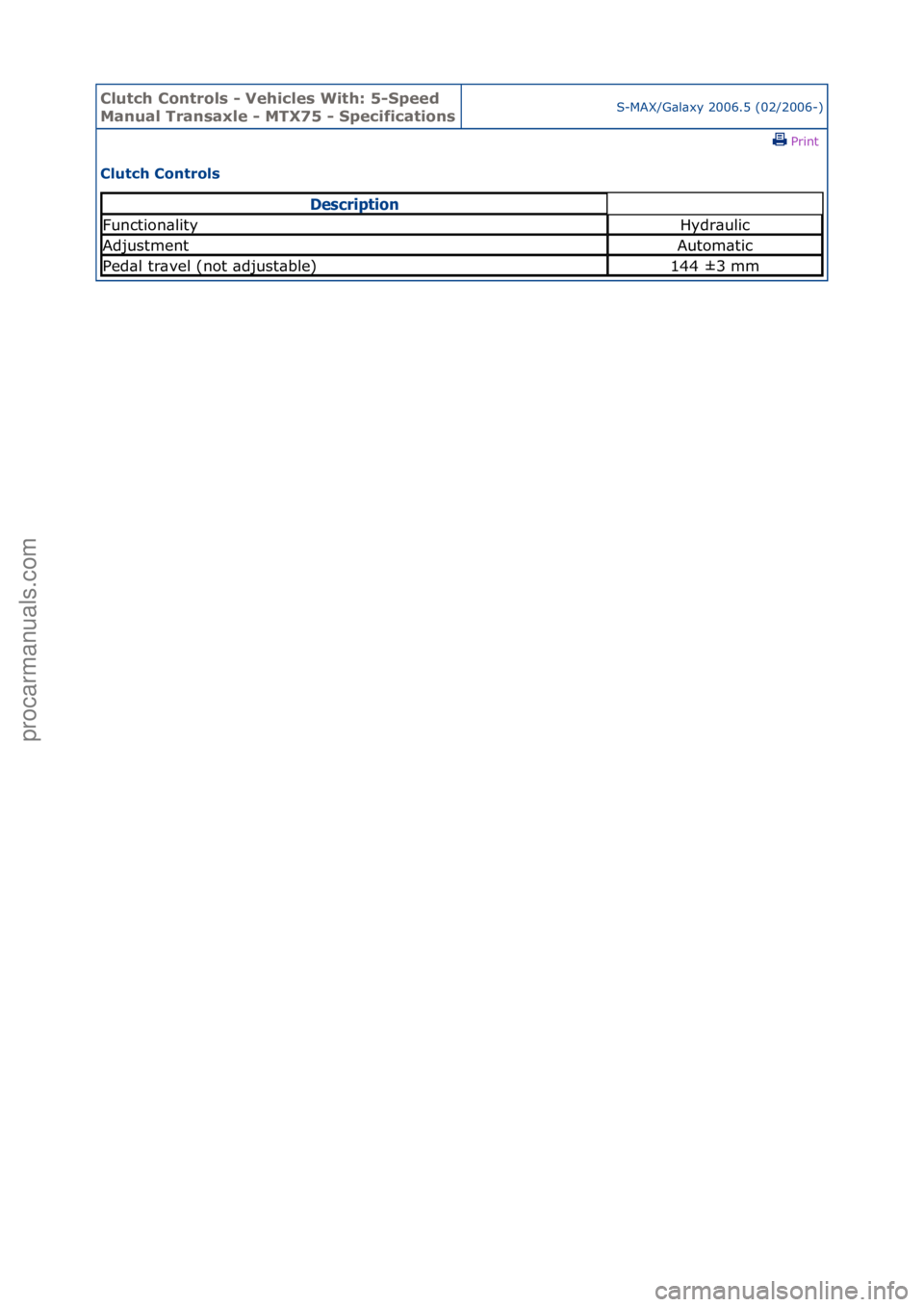 FORD GALAXY 2006  Service Repair Manual Clutch C\bntr\bls \f Vehicles With: 5\fSpeed 
Manual Transaxle \f MTX75 \f Specificati\bnsS-MAX/G\bl\bxy\f2006.5\f(02/2006-)\fPrint \f
Clutch C\bntr\bls 
Descrip\bion
Function\blityHydr\bulic
Adjustme