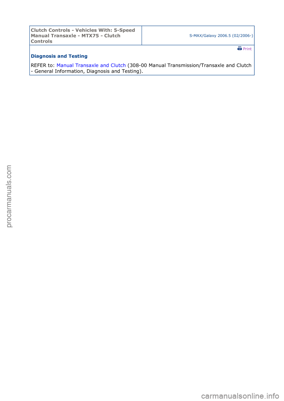 FORD GALAXY 2006  Service Repair Manual Clutch C\bntr\bls \f Vehicles With: 5\fSpeed 
Manual Transaxle \f MTX75 \f Clutch 
C\bntr\bls
S-MAX/G\bl\bxy\f2006.5\f(02/2006-)\fPrint \f
Diagn\bsis and Testing 
REFER\fto:\f M\b
 nu\bl\fTr\bns\bxle\